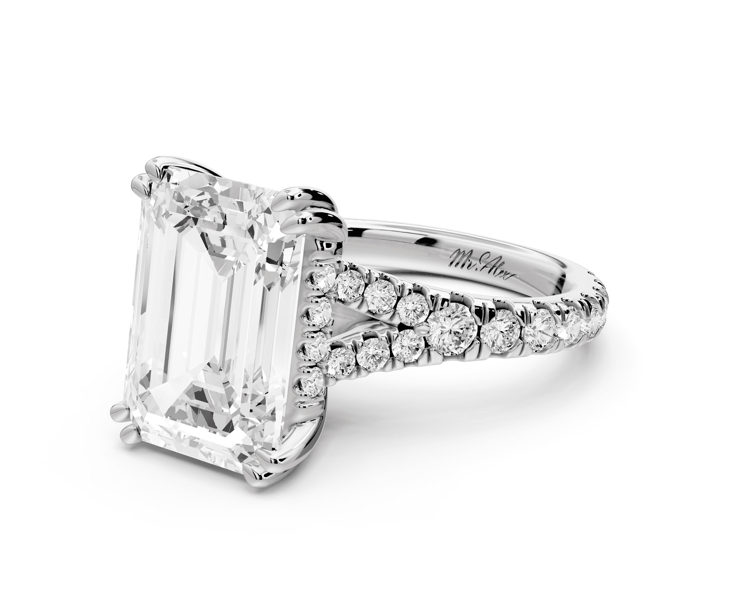 Rosalie - 5ct platinum emerald Pavé Cathedral Hidden Halo with Diamond Bridge split shank Engagement Ring - Mr. Alex Jewelry