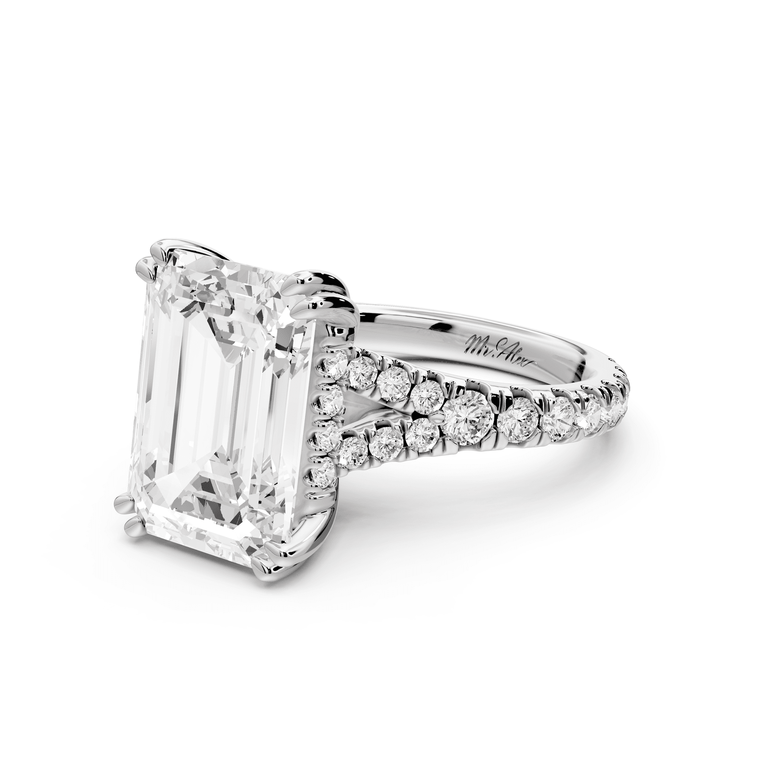 Rosalie - 5ct platinum emerald Pavé Cathedral Hidden Halo with Diamond Bridge split shank Engagement Ring - Mr. Alex Jewelry