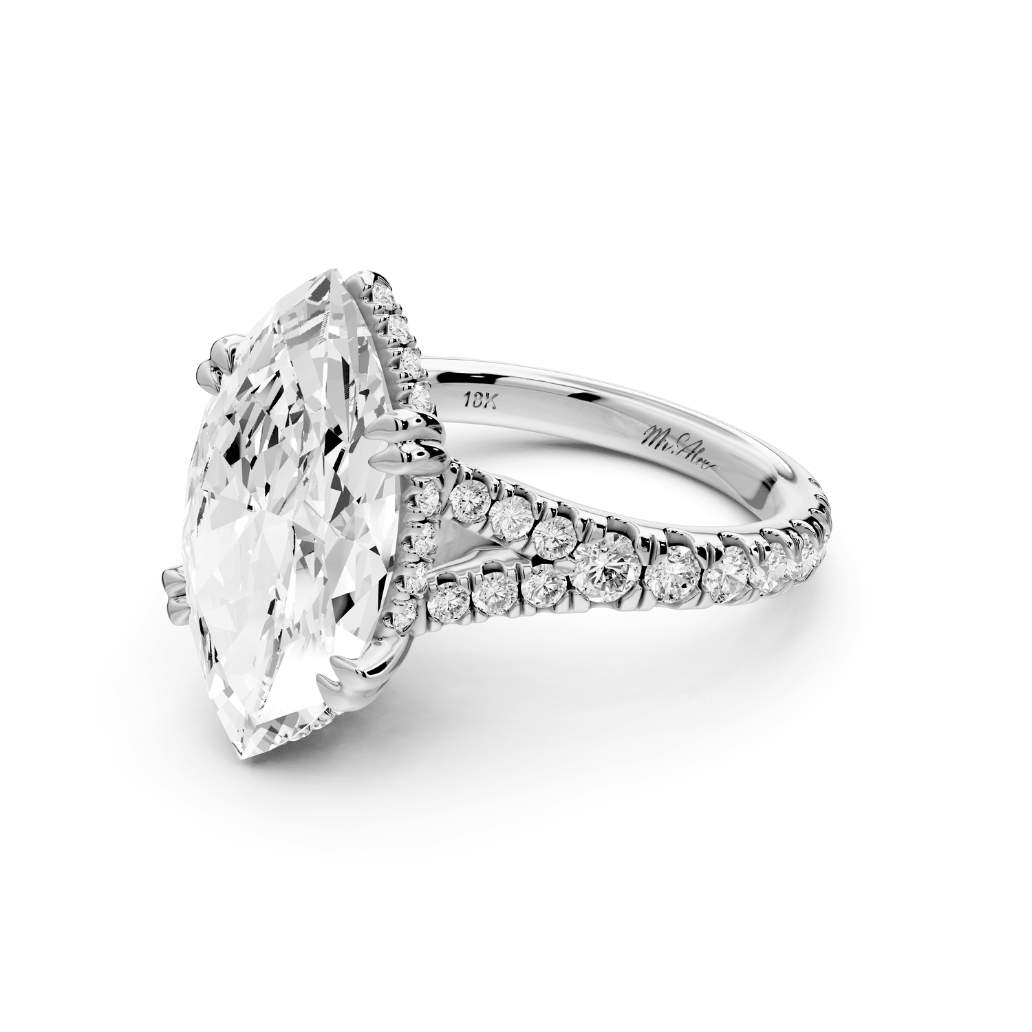 Rosalie - 5ct platinum marquise Pavé Cathedral Hidden Halo with Diamond Bridge split shank Engagement Ring - Mr. Alex Jewelry