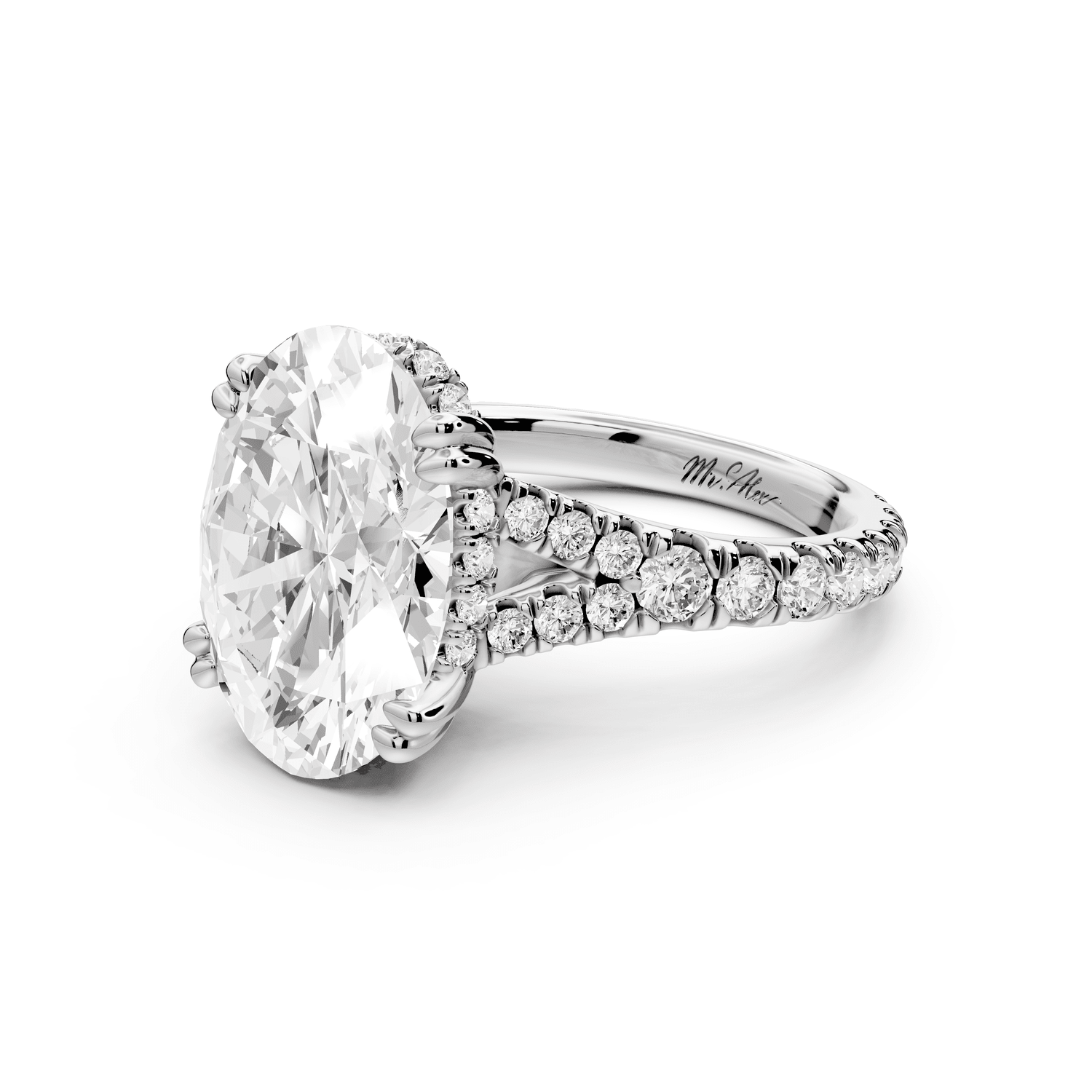 Rosalie - 5ct platinum oval Pavé Cathedral Hidden Halo with Diamond Bridge split shank Engagement Ring - Mr. Alex Jewelry