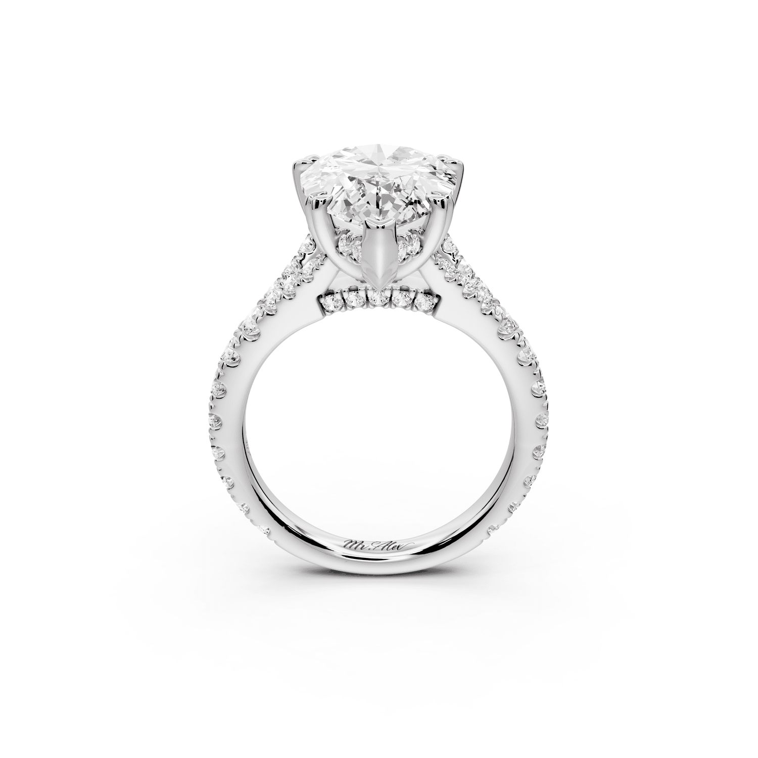 Rosalie - 5ct platinum pear Pavé Cathedral Hidden Halo with Diamond Bridge split shank Engagement Ring - Mr. Alex Jewelry