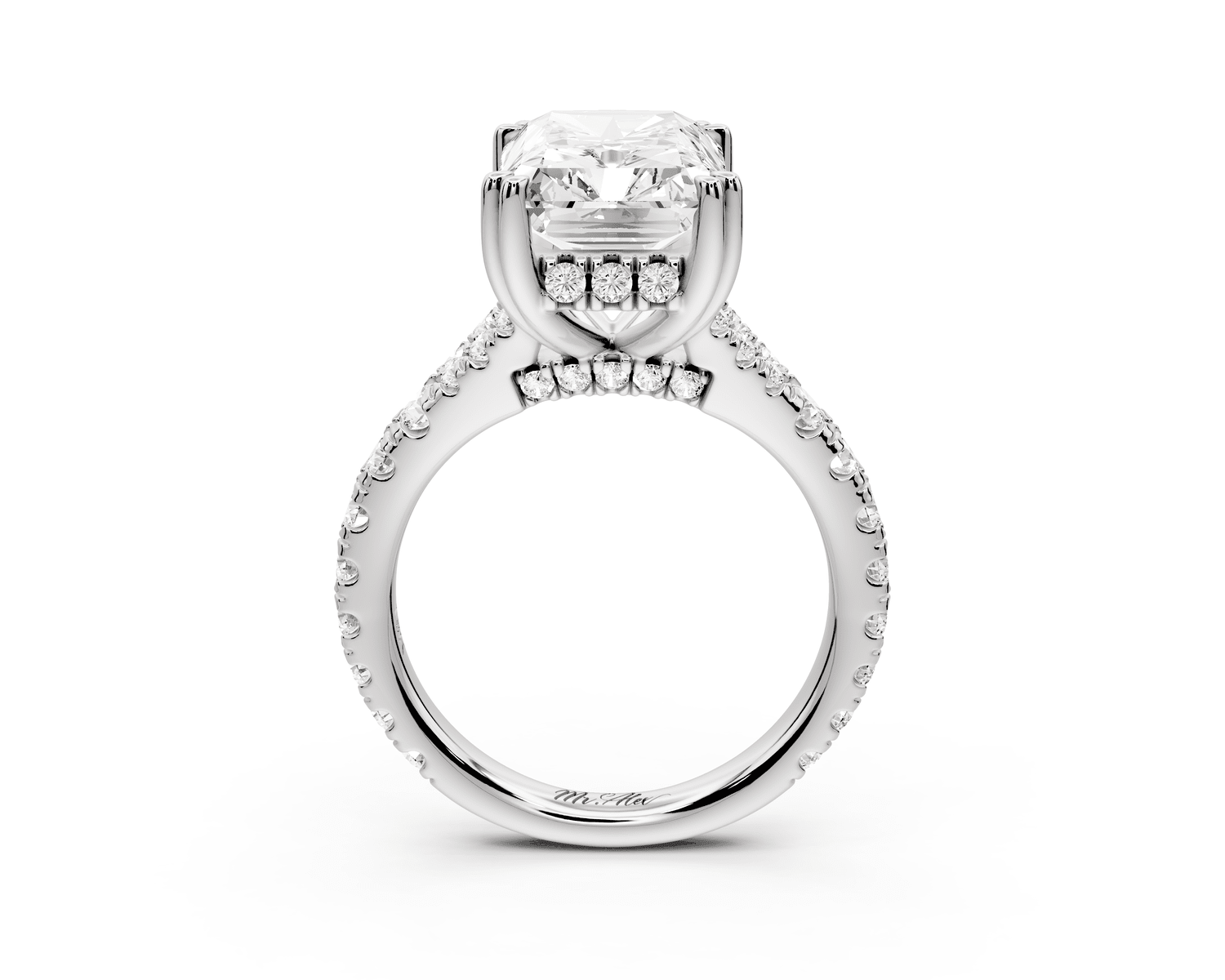 Rosalie - 5ct platinum radiant Pavé Cathedral Hidden Halo with Diamond Bridge split shank Engagement Ring - Mr. Alex Jewelry