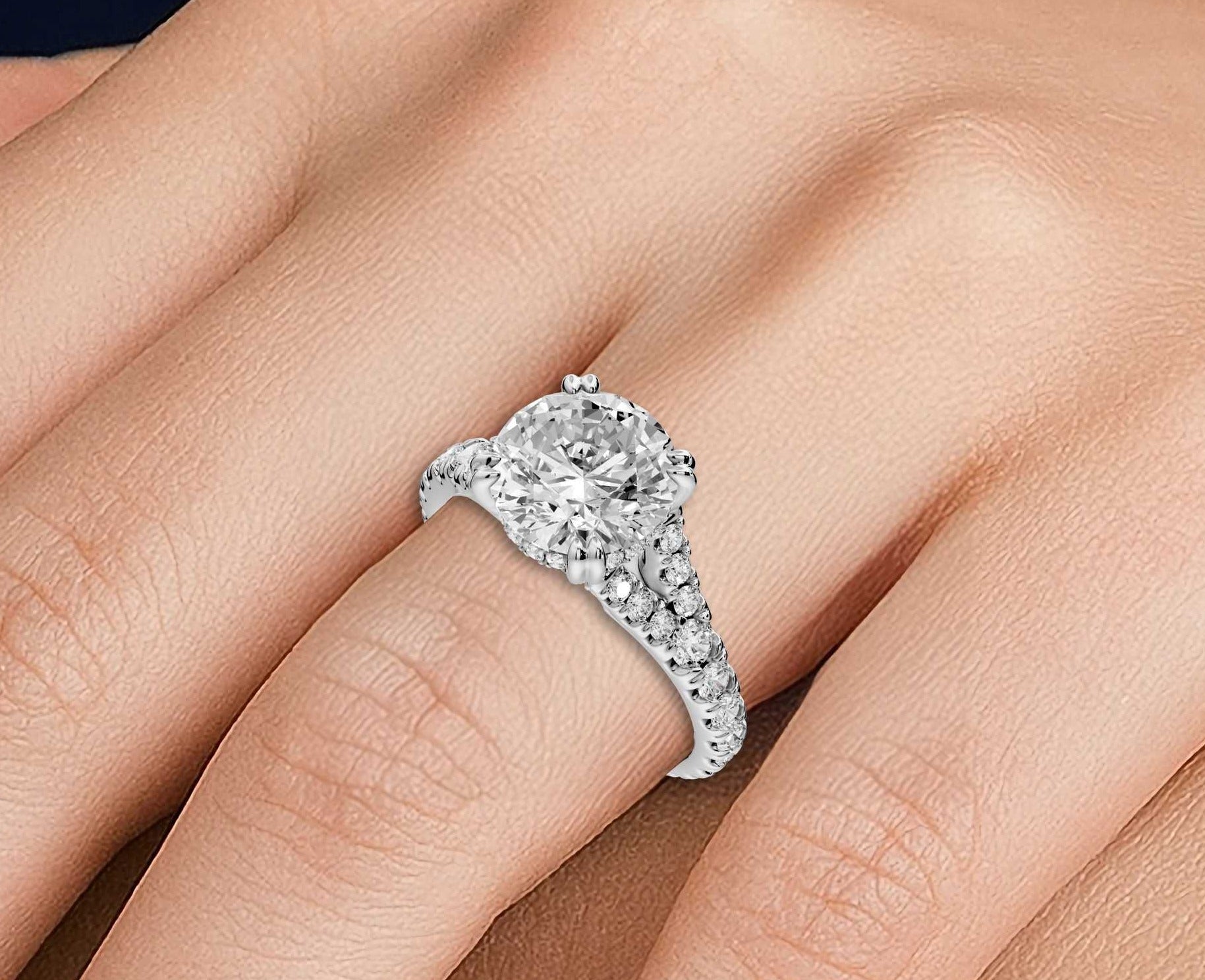 Round Brilliant Diamond Engagement Ring with Pave Band (AJ136R) - Mr. Alex Jewelry