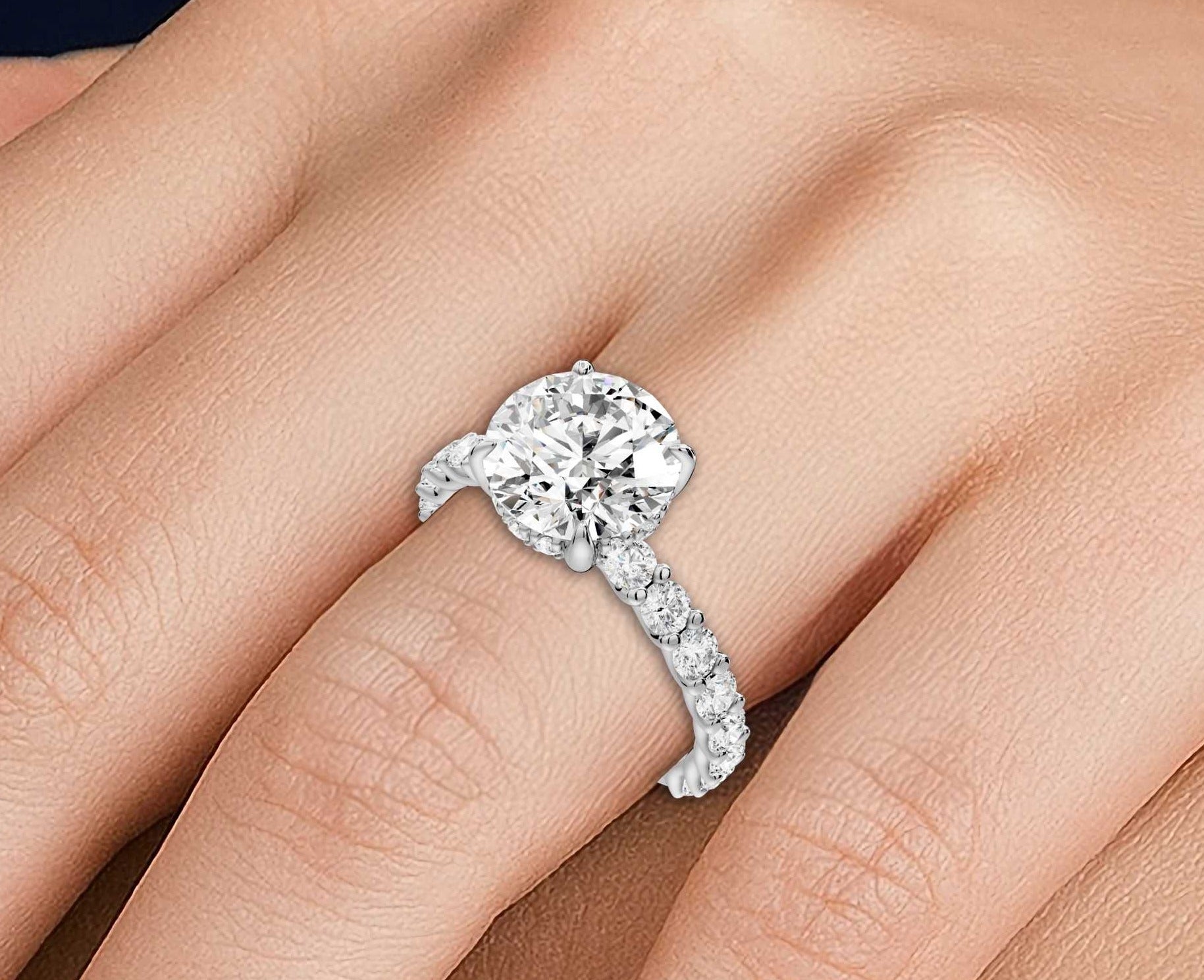 Round Cut Diamond Engagement Ring with Pave Band (AJ128R) - Mr. Alex Jewelry