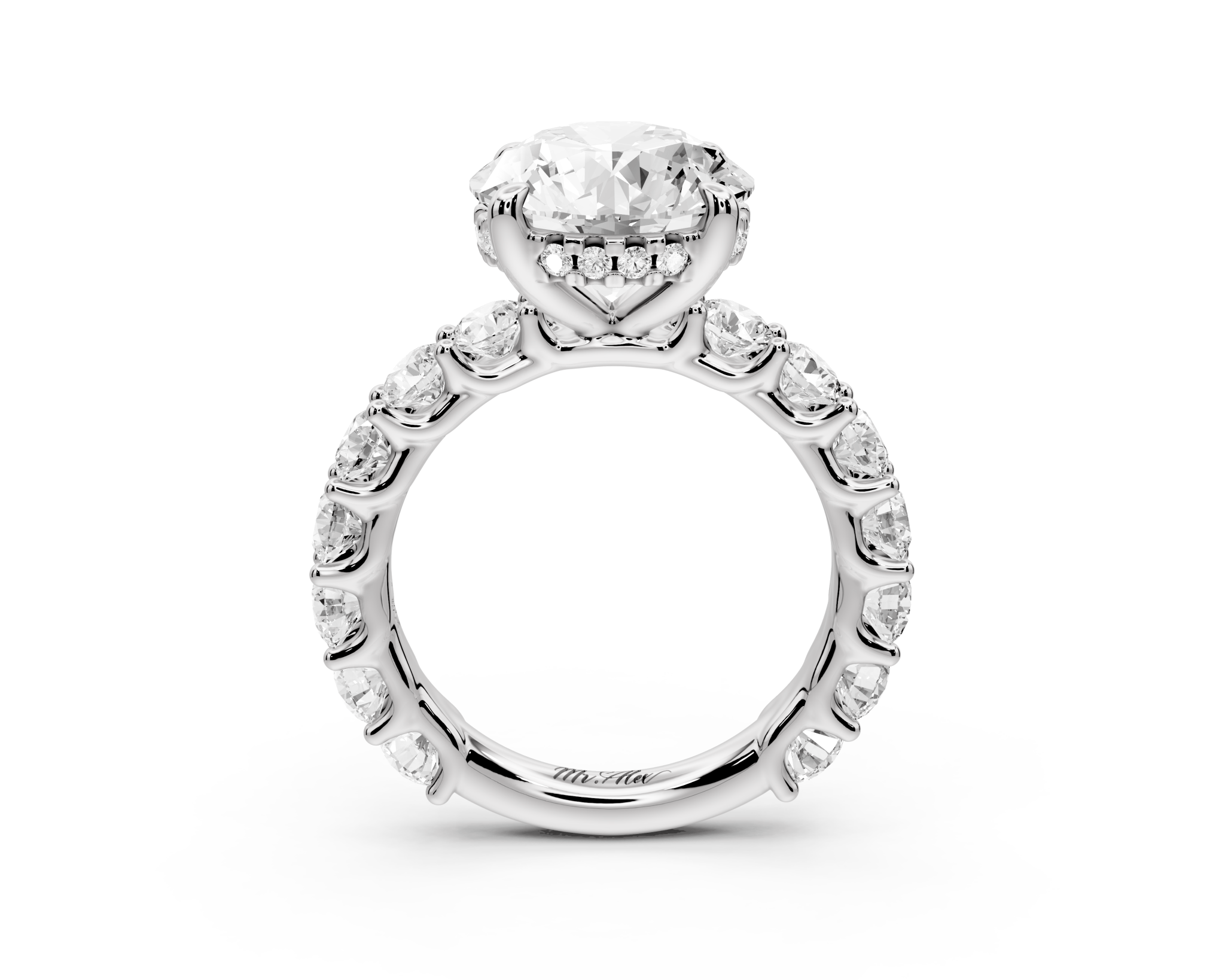 Round Cut Diamond Engagement Ring with Pave Band (AJ128R) - Mr. Alex Jewelry