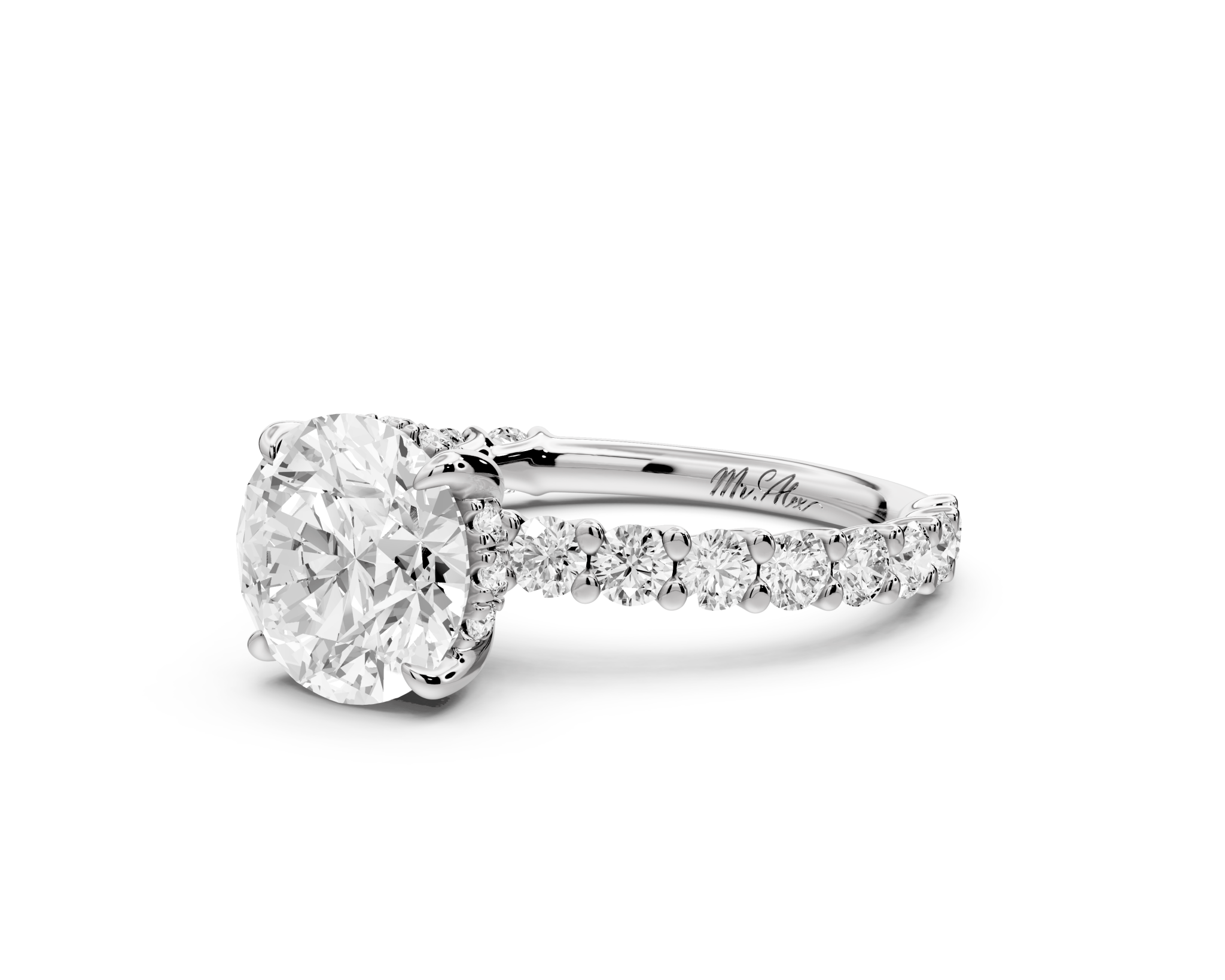 Round Cut Diamond Engagement Ring with Pave Band (AJ128R) - Mr. Alex Jewelry