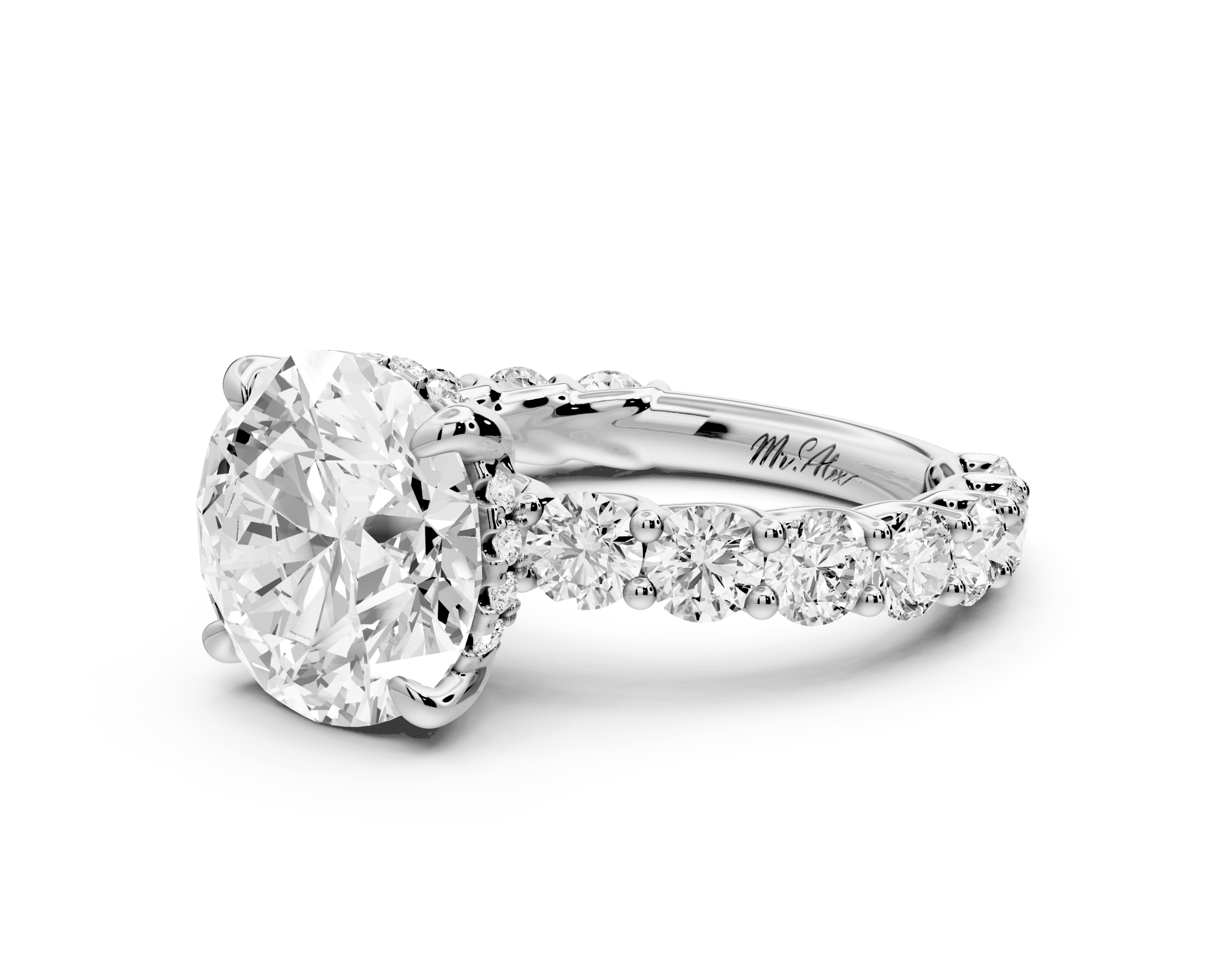 Round Cut Diamond Engagement Ring with Pave Band (AJ128R) - Mr. Alex Jewelry