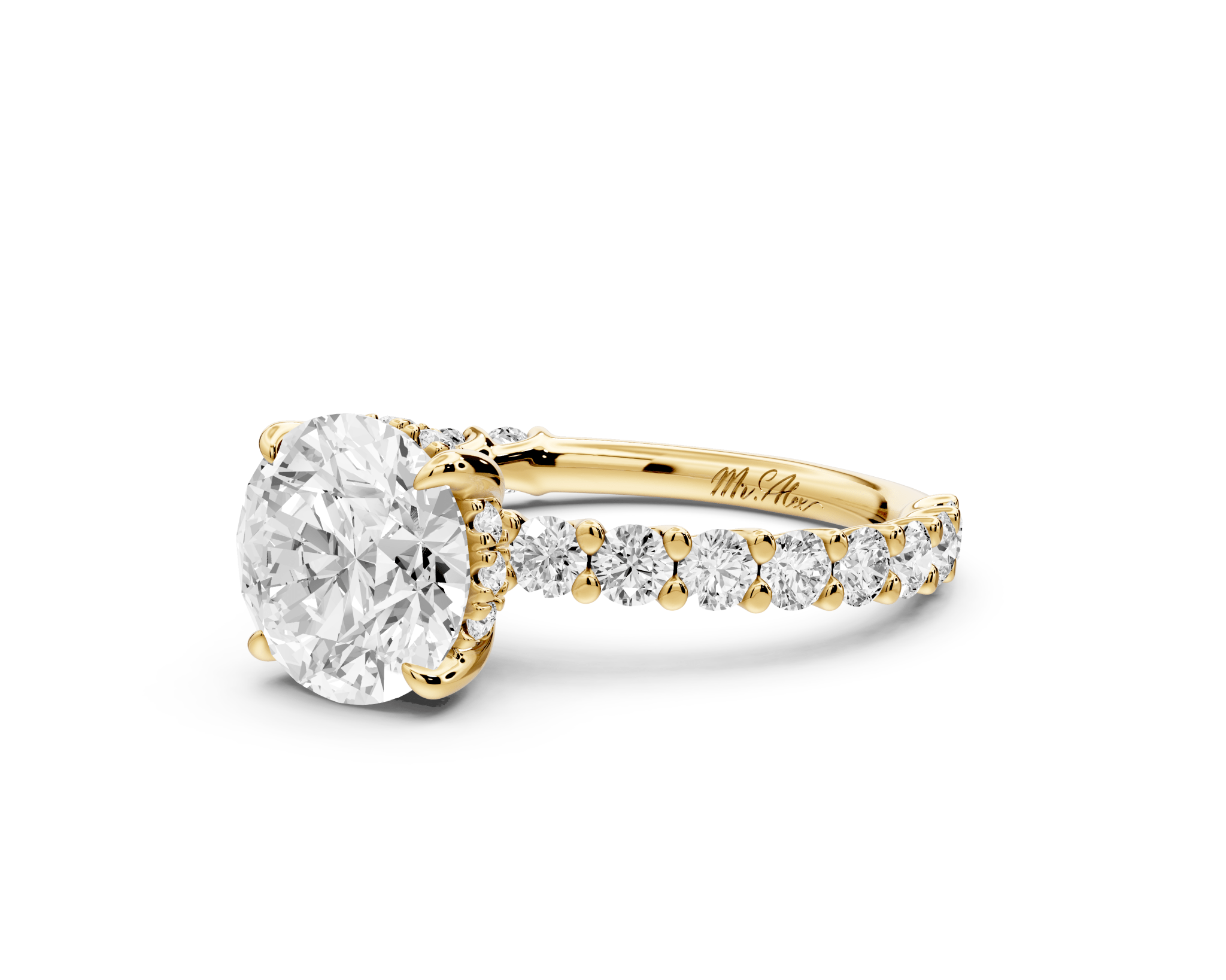 Round Cut Diamond Engagement Ring with Pave Band (AJ128R) - Mr. Alex Jewelry