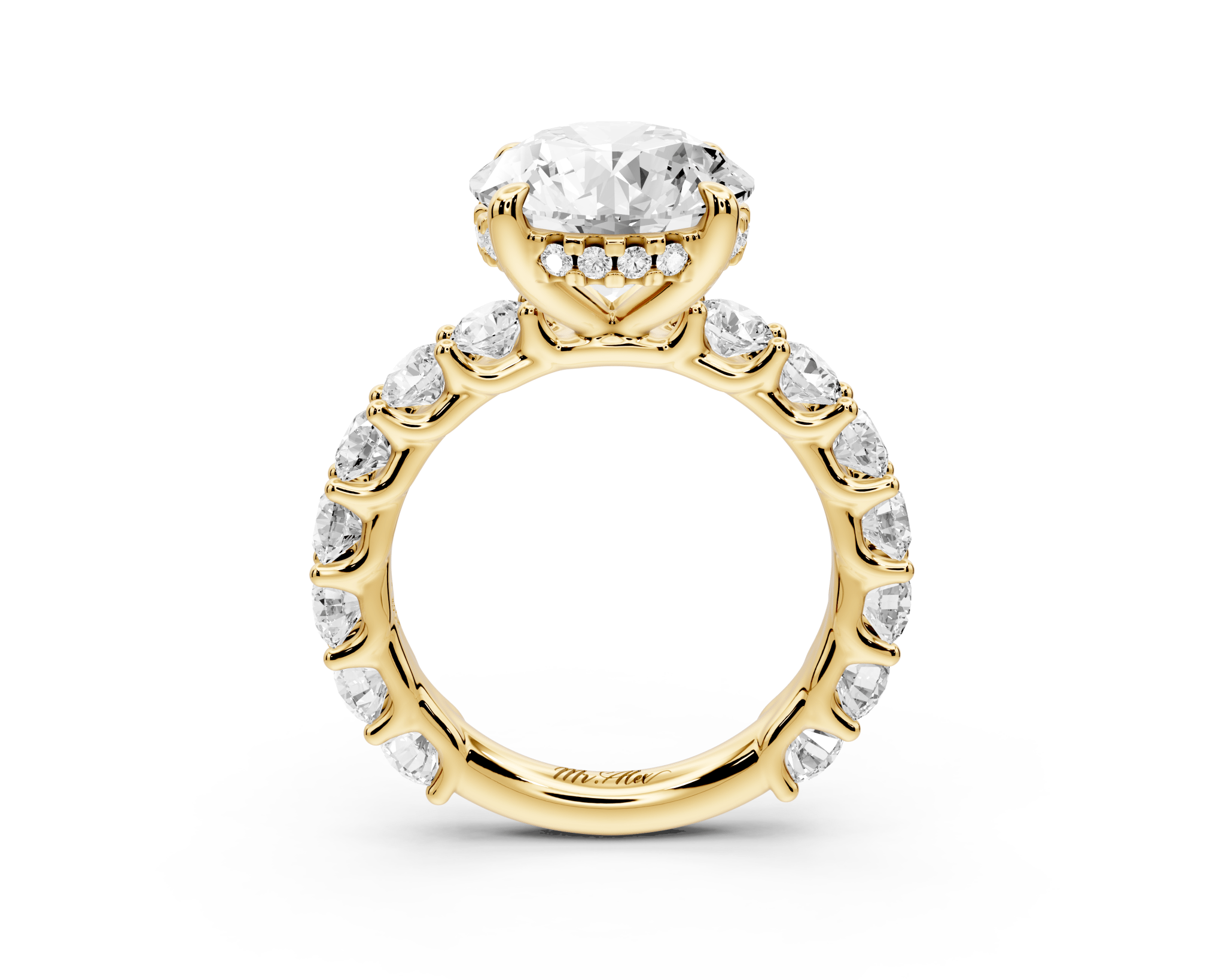 Round Cut Diamond Engagement Ring with Pave Band (AJ128R) - Mr. Alex Jewelry