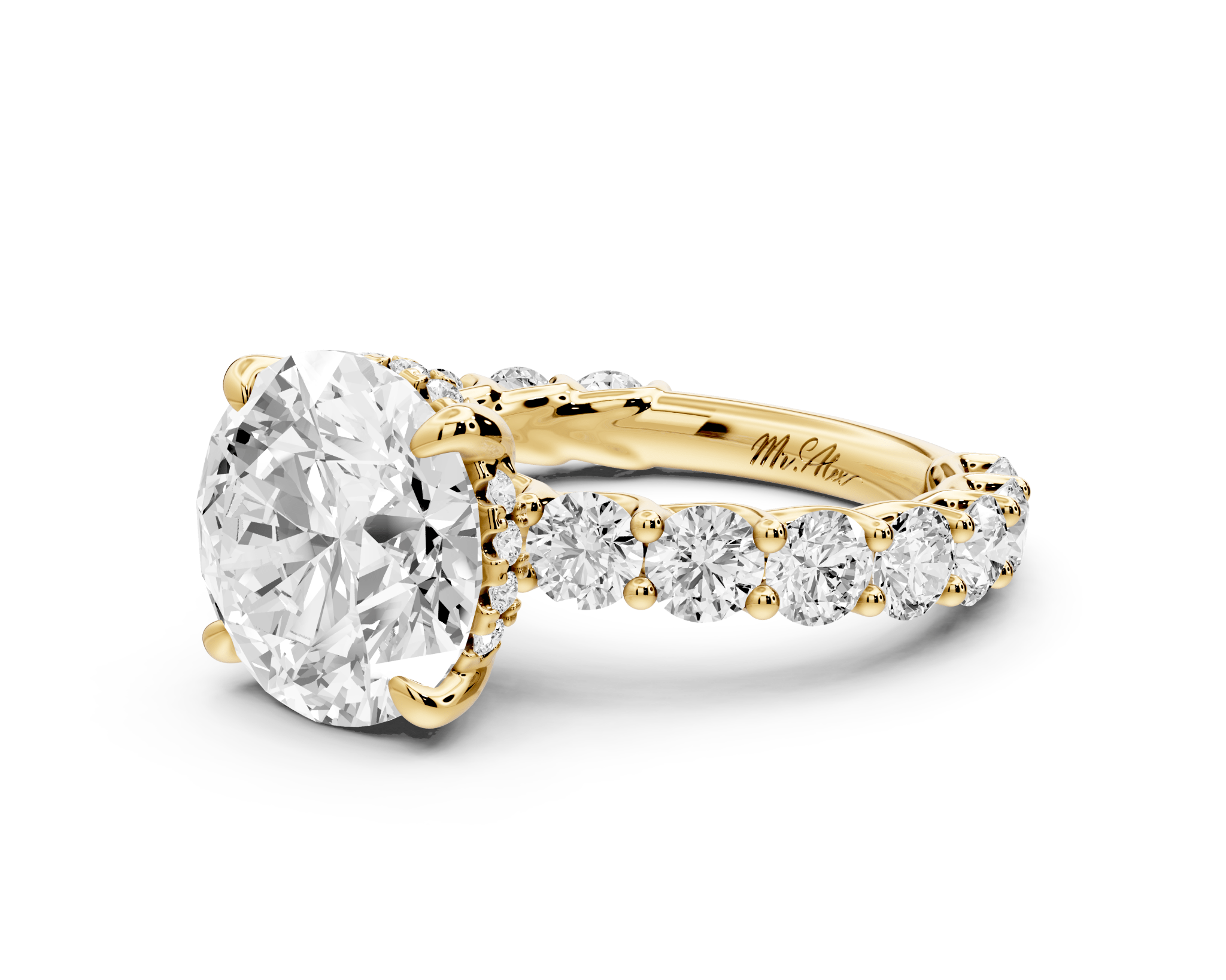 Round Cut Diamond Engagement Ring with Pave Band (AJ128R) - Mr. Alex Jewelry