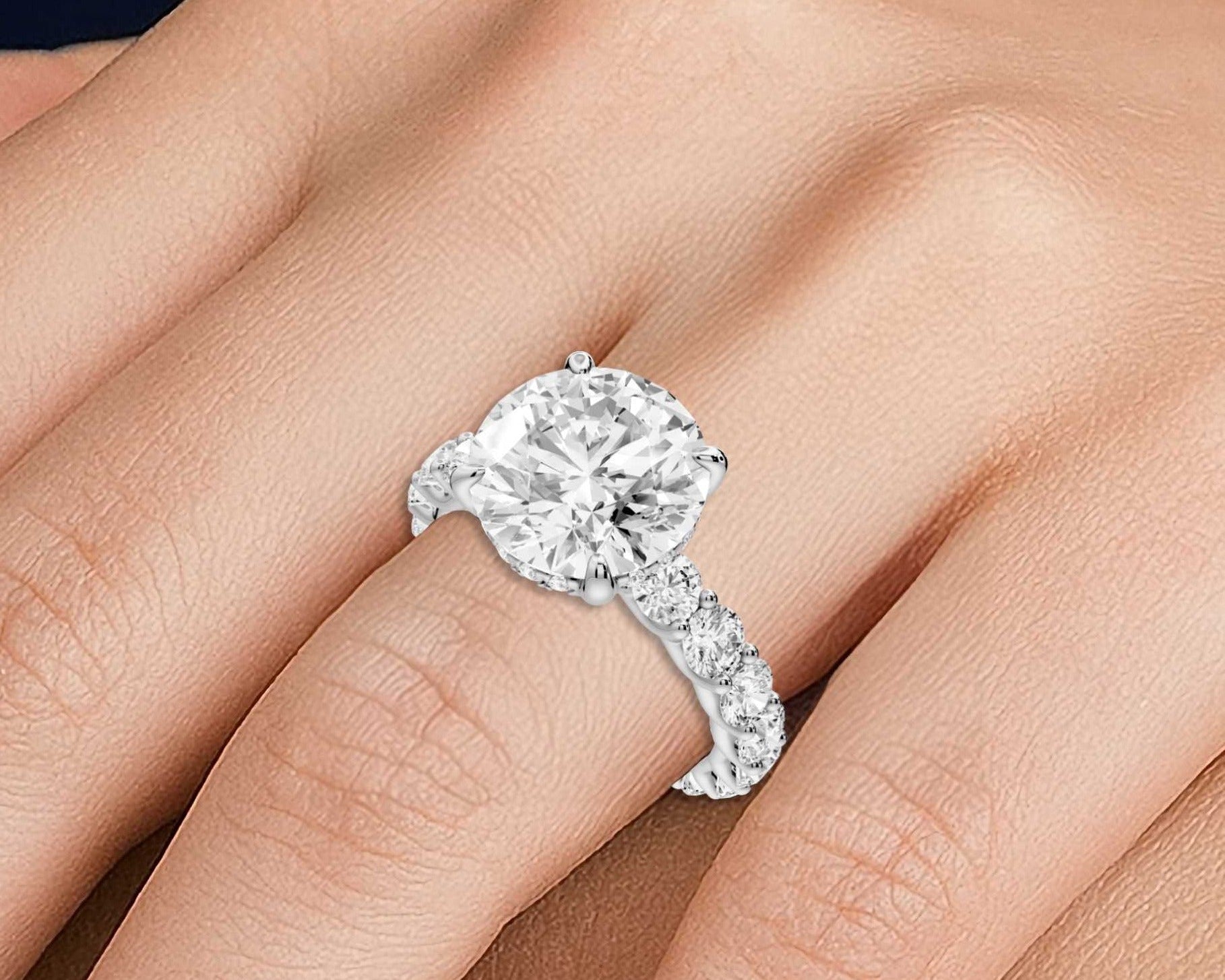 Round Cut Diamond Engagement Ring with Pave Band (AJ128R) - Mr. Alex Jewelry