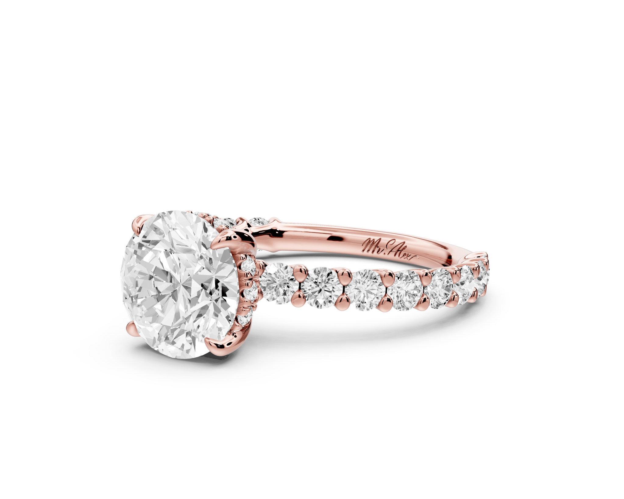 Round Cut Diamond Engagement Ring with Pave Band (AJ128R) - Mr. Alex Jewelry