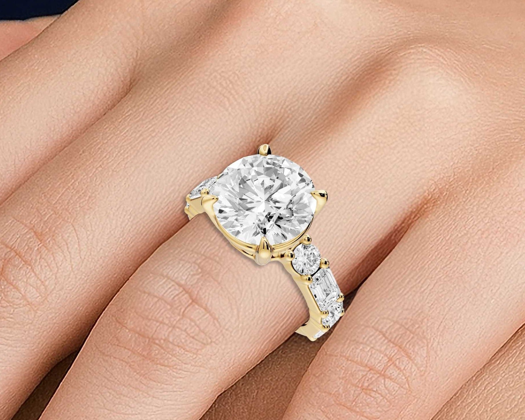 Round Cut Diamond Engagement Ring with Side Stones (AJ102R) - Mr. Alex Jewelry