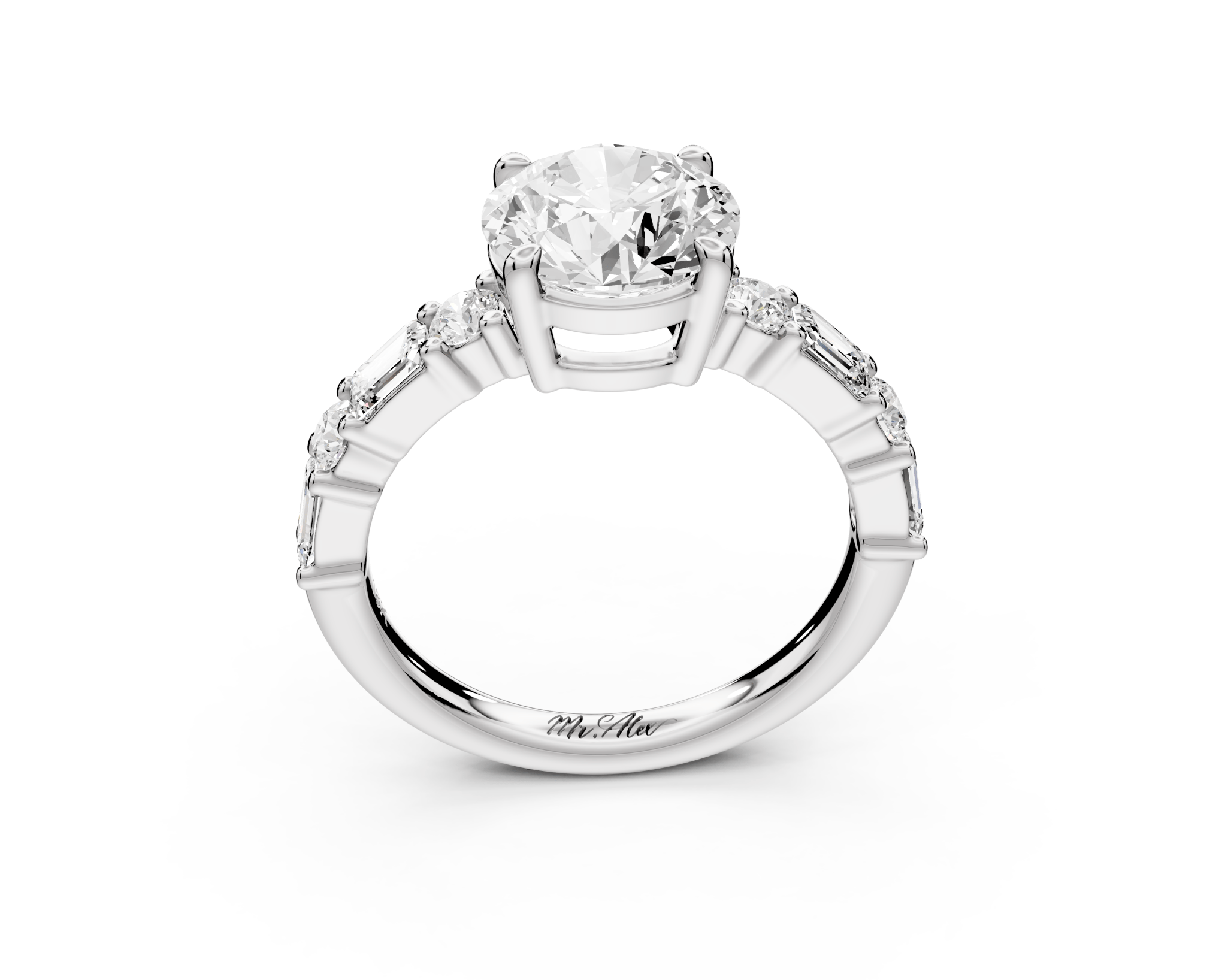 Round Cut Diamond Engagement Ring with Side Stones (AJ102R) - Mr. Alex Jewelry