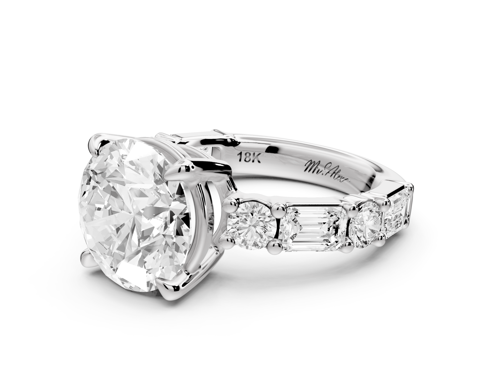 Round Cut Diamond Engagement Ring with Side Stones (AJ102R) - Mr. Alex Jewelry
