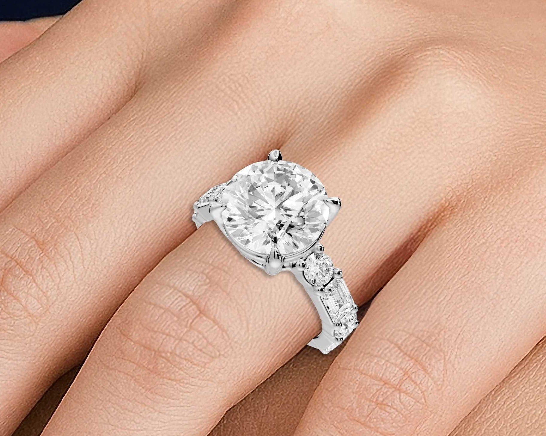 Round Cut Diamond Engagement Ring with Side Stones (AJ102R) - Mr. Alex Jewelry