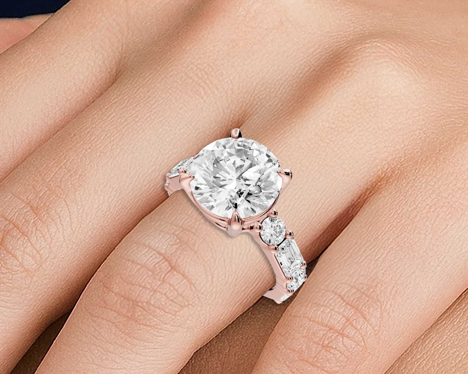 Round Cut Diamond Engagement Ring with Side Stones (AJ102R) - Mr. Alex Jewelry