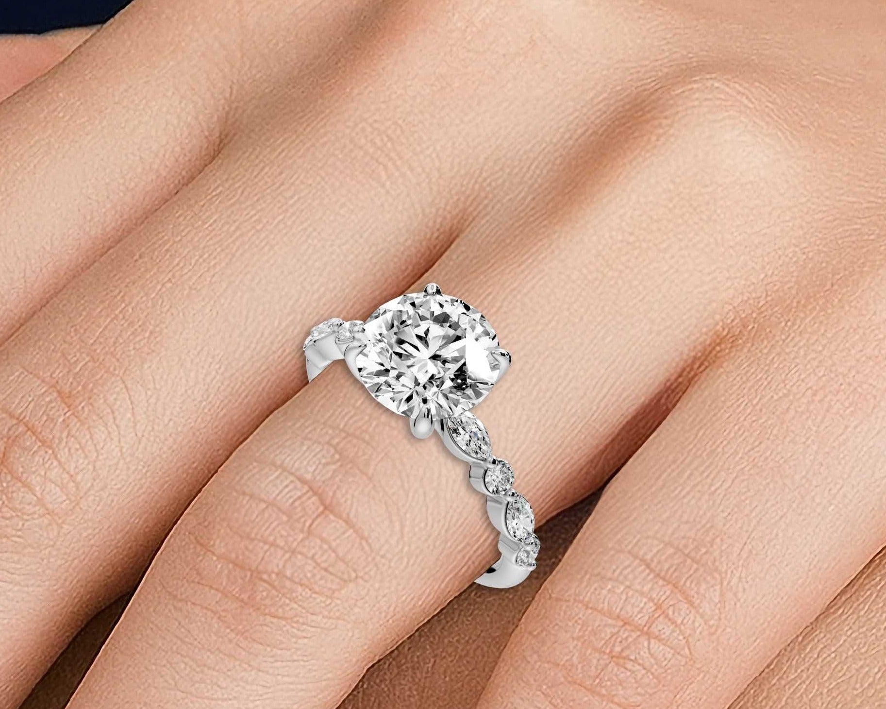 Round Cut Diamond Engagement Ring with Side Stones ( AJ107R) - Mr. Alex Jewelry