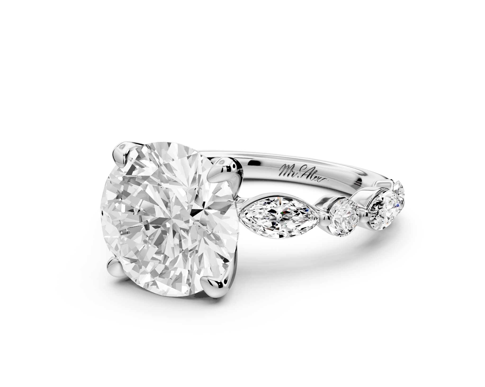 Round Cut Diamond Engagement Ring with Side Stones ( AJ107R) - Mr. Alex Jewelry