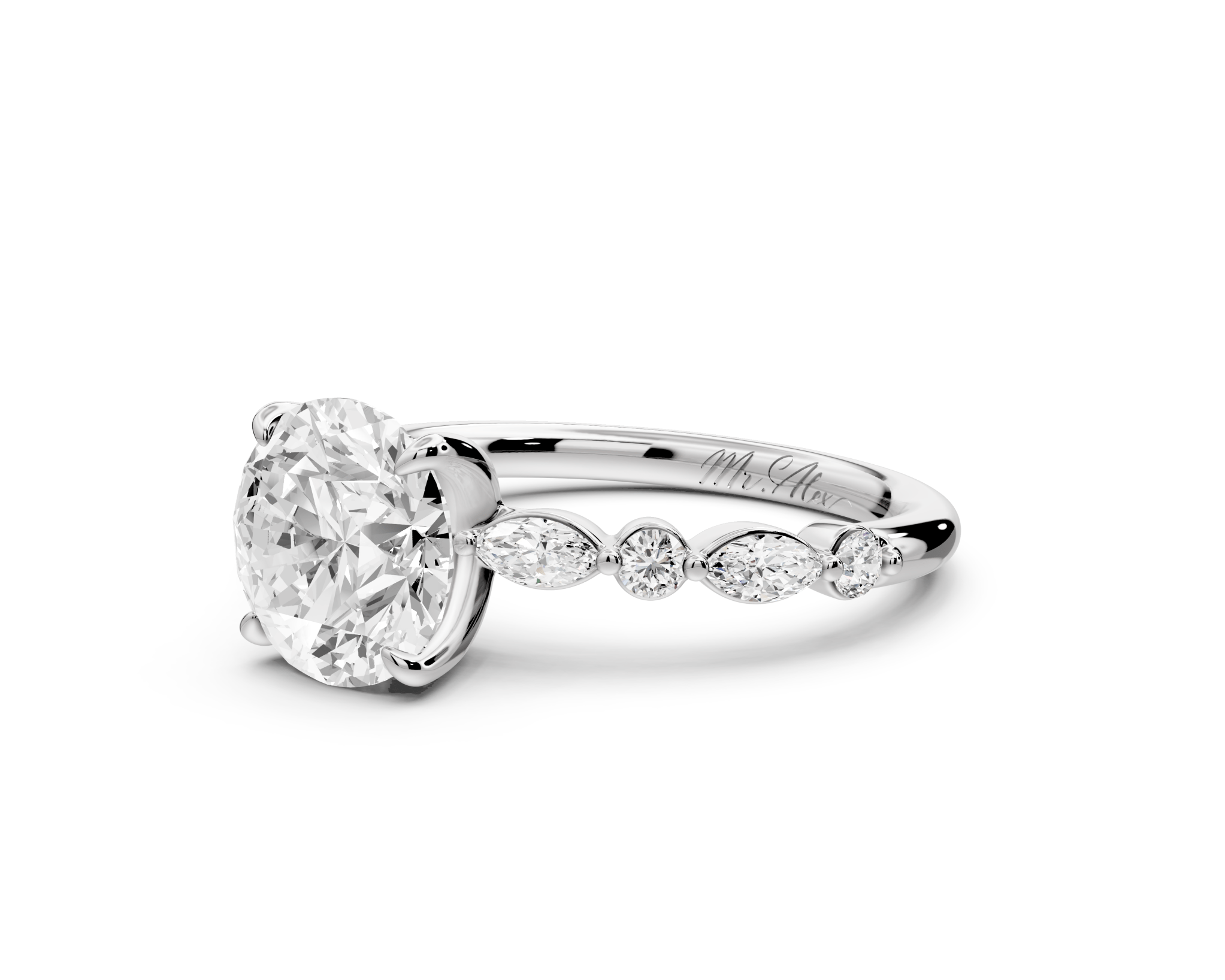 Round Cut Diamond Engagement Ring with Side Stones ( AJ107R) - Mr. Alex Jewelry