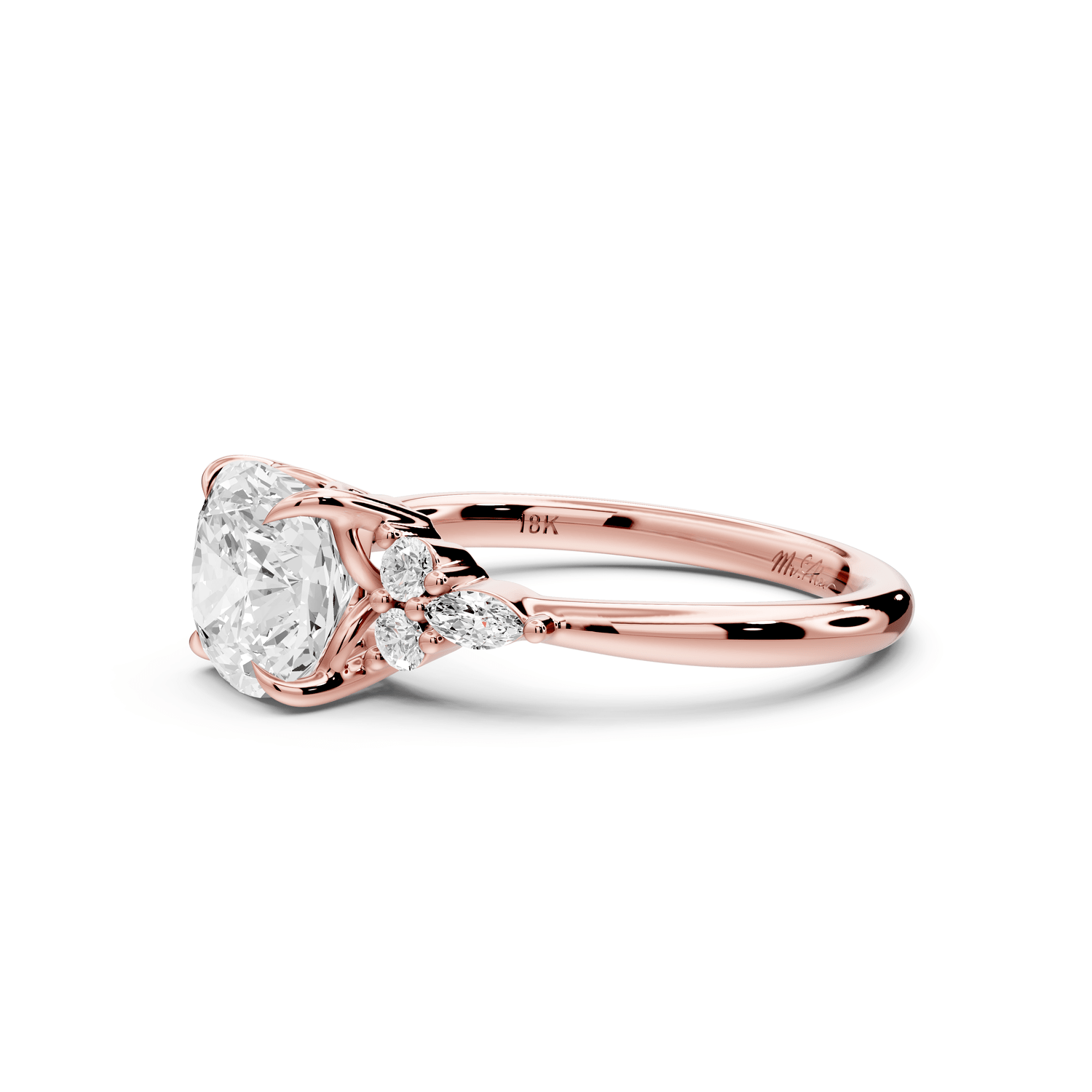 Sandi - 2ct 14k rose gold Cushion Floral Cluster Side-Stone Engagement Ring with Plain Band - Mr. Alex Jewelry