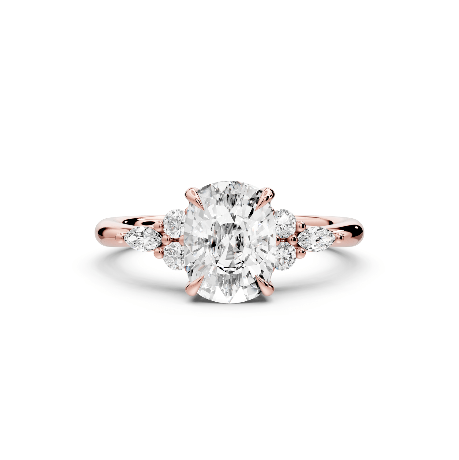 Sandi - 2ct 14k rose gold Ecushion Floral Cluster Side-Stone Engagement Ring with Plain Band - Mr. Alex Jewelry
