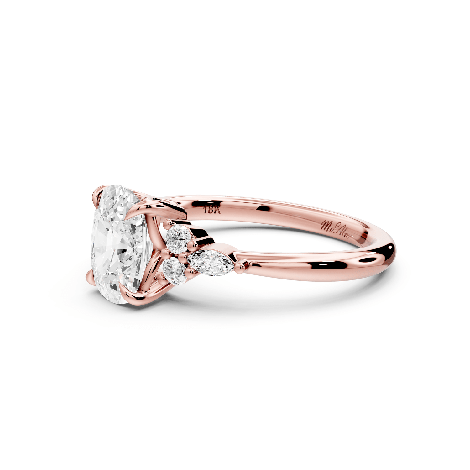 Sandi - 2ct 14k rose gold Ecushion Floral Cluster Side-Stone Engagement Ring with Plain Band - Mr. Alex Jewelry