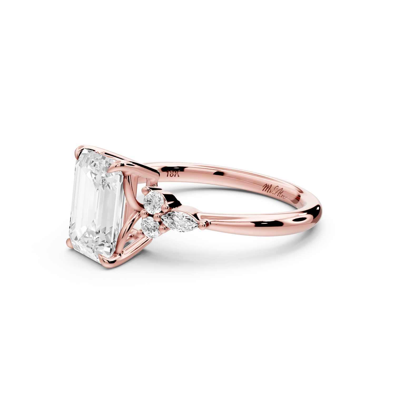 Sandi - 2ct 14k rose gold Emerald Floral Cluster Side-Stone Engagement Ring with Plain Band - Mr. Alex Jewelry