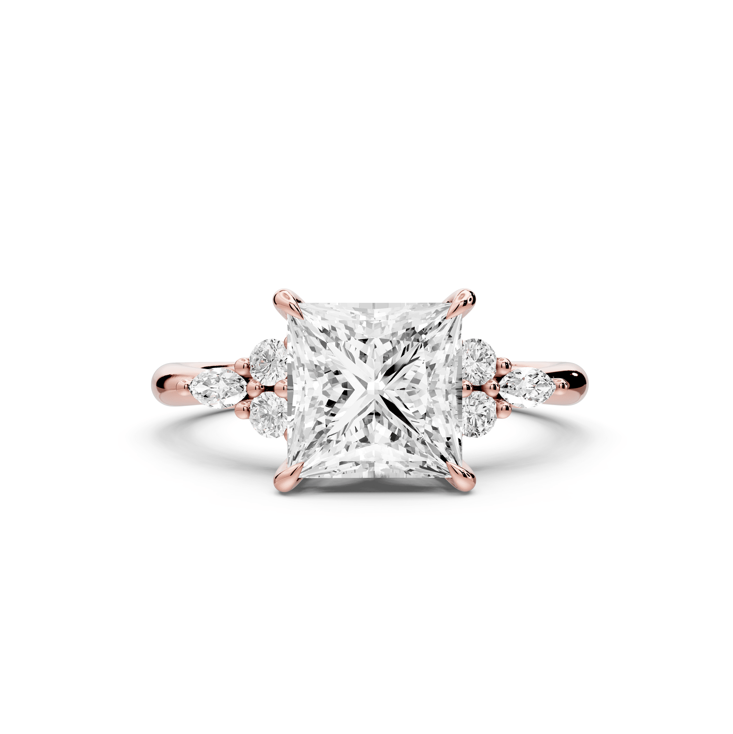 Sandi - 2ct 14k rose gold Princess Floral Cluster Side-Stone Engagement Ring with Plain Band - Mr. Alex Jewelry