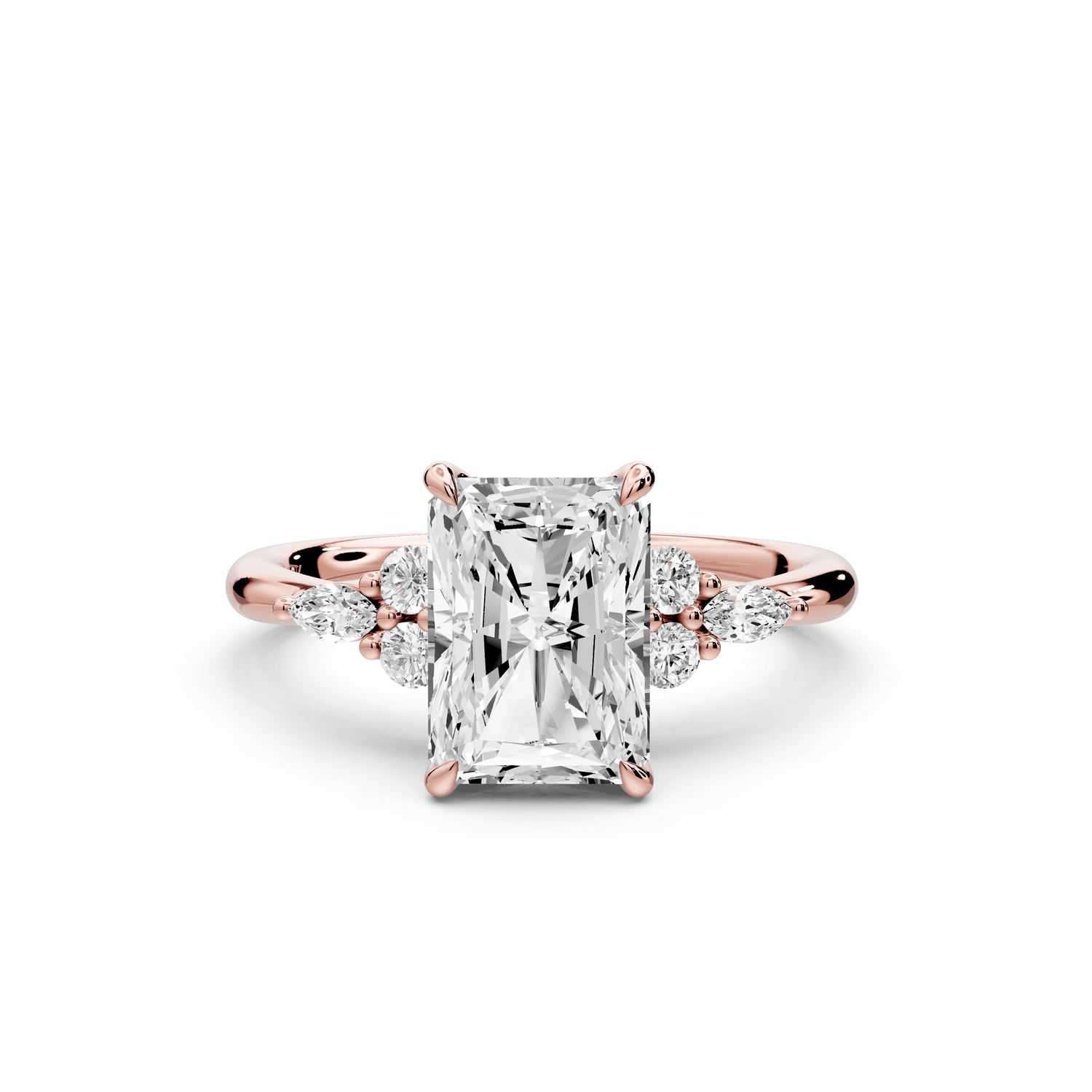 Sandi - 2ct 14k rose gold Radiant Floral Cluster Side-Stone Engagement Ring with Plain Band - Mr. Alex Jewelry