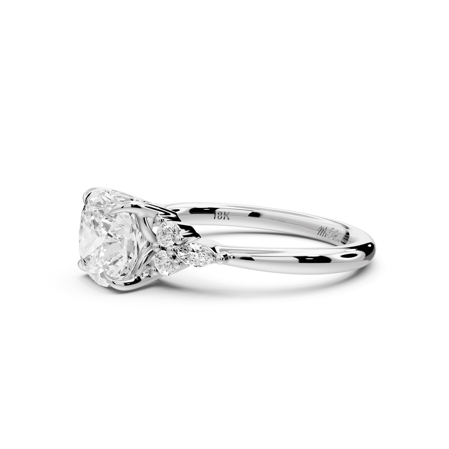 Sandi - 2ct 14k white gold Cushion Floral Cluster Side-Stone Engagement Ring with Plain Band - Mr. Alex Jewelry