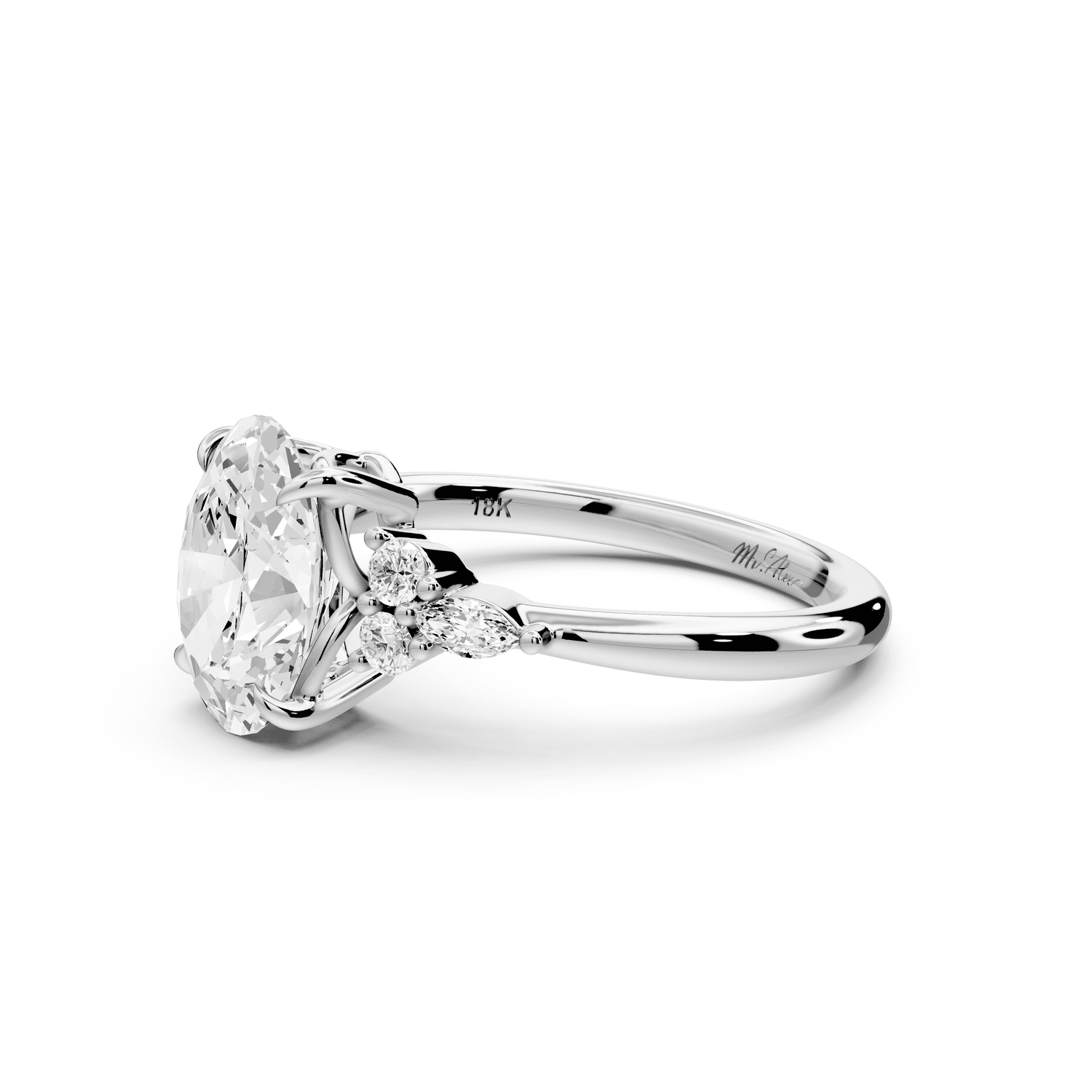 Sandi - 2ct 14k white gold Oval Floral Cluster Side-Stone Engagement Ring with Plain Band - Mr. Alex Jewelry