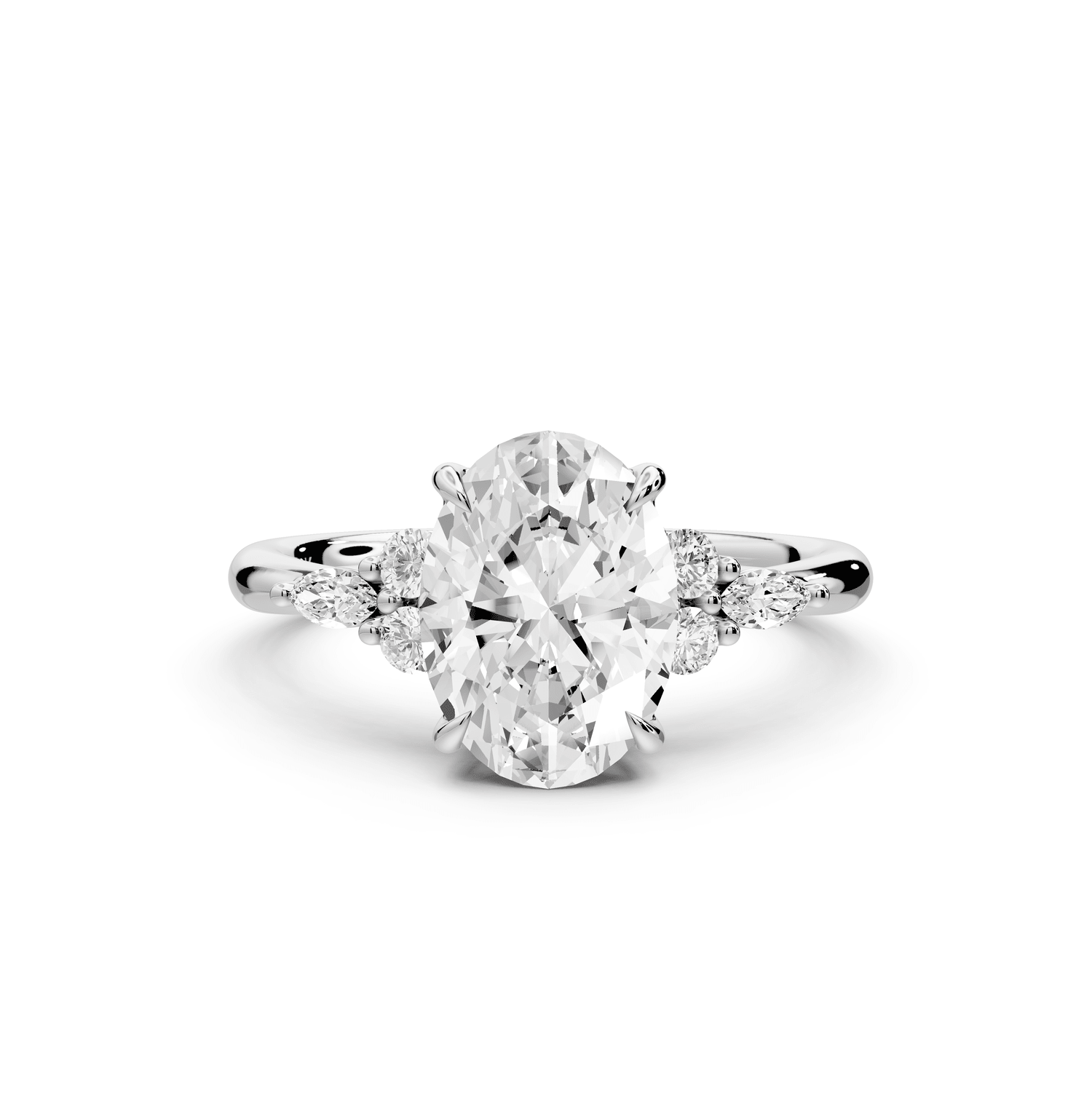 Sandi - 2ct 14k white gold Oval Floral Cluster Side-Stone Engagement Ring with Plain Band - Mr. Alex Jewelry