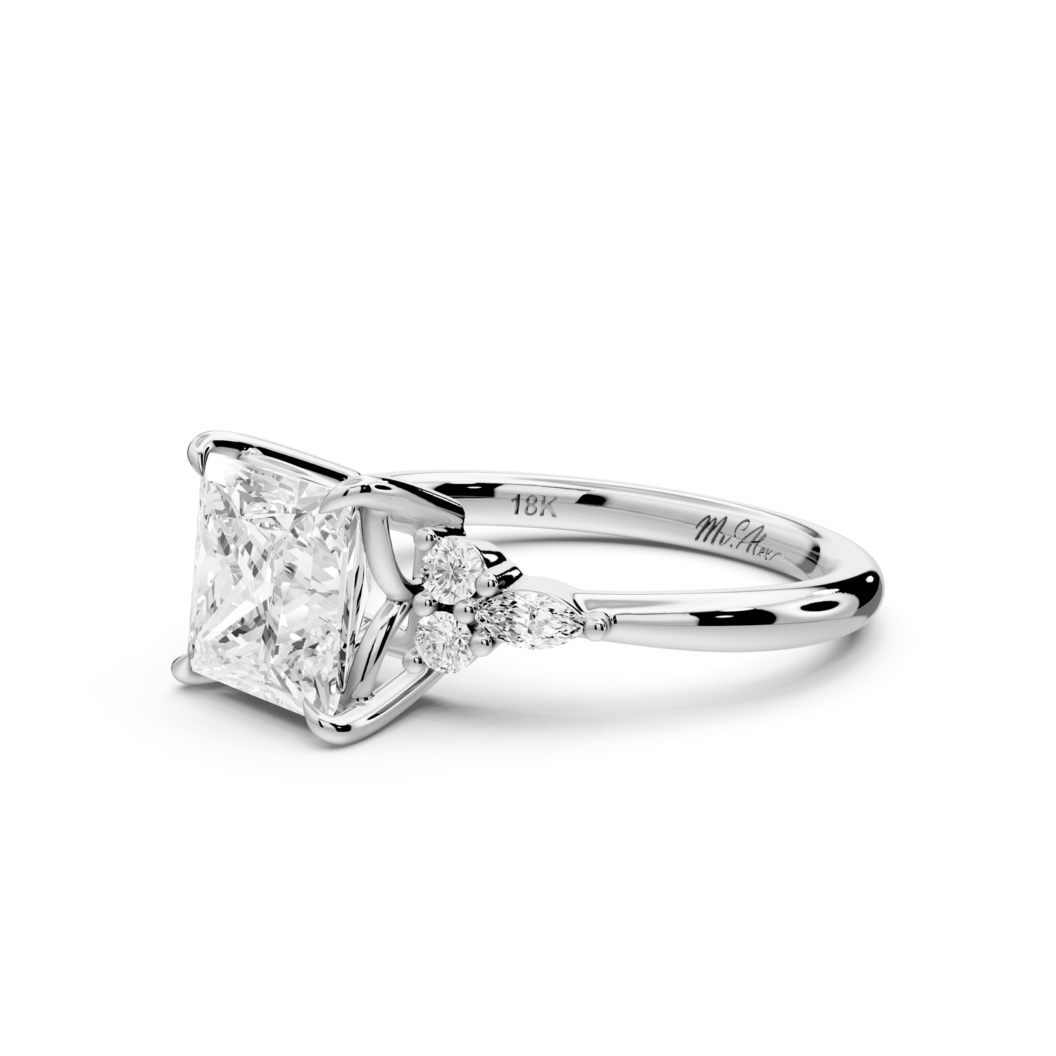 Sandi - 2ct 14k white gold Princess Floral Cluster Side-Stone Engagement Ring with Plain Band - Mr. Alex Jewelry