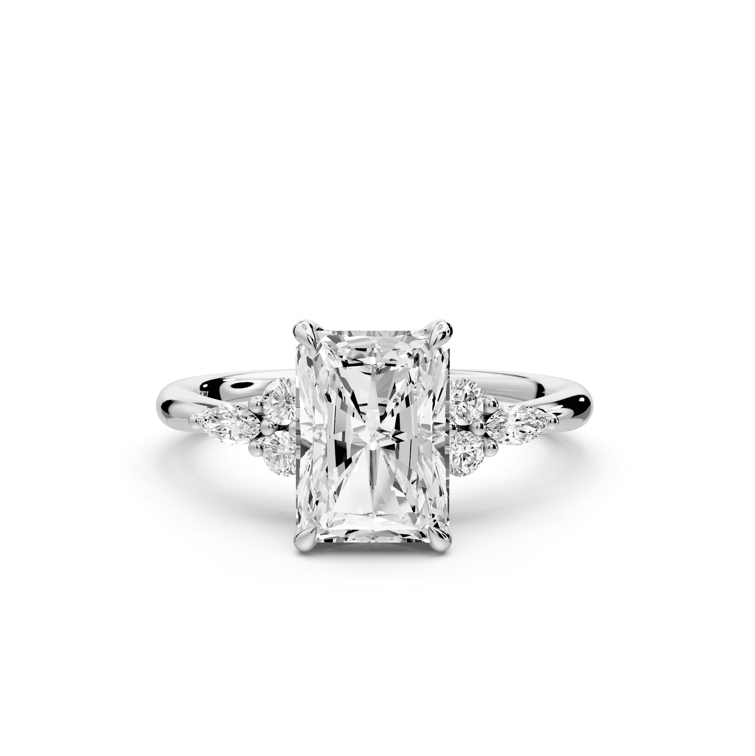 Sandi - 2ct 14k white gold Radiant Floral Cluster Side-Stone Engagement Ring with Plain Band - Mr. Alex Jewelry