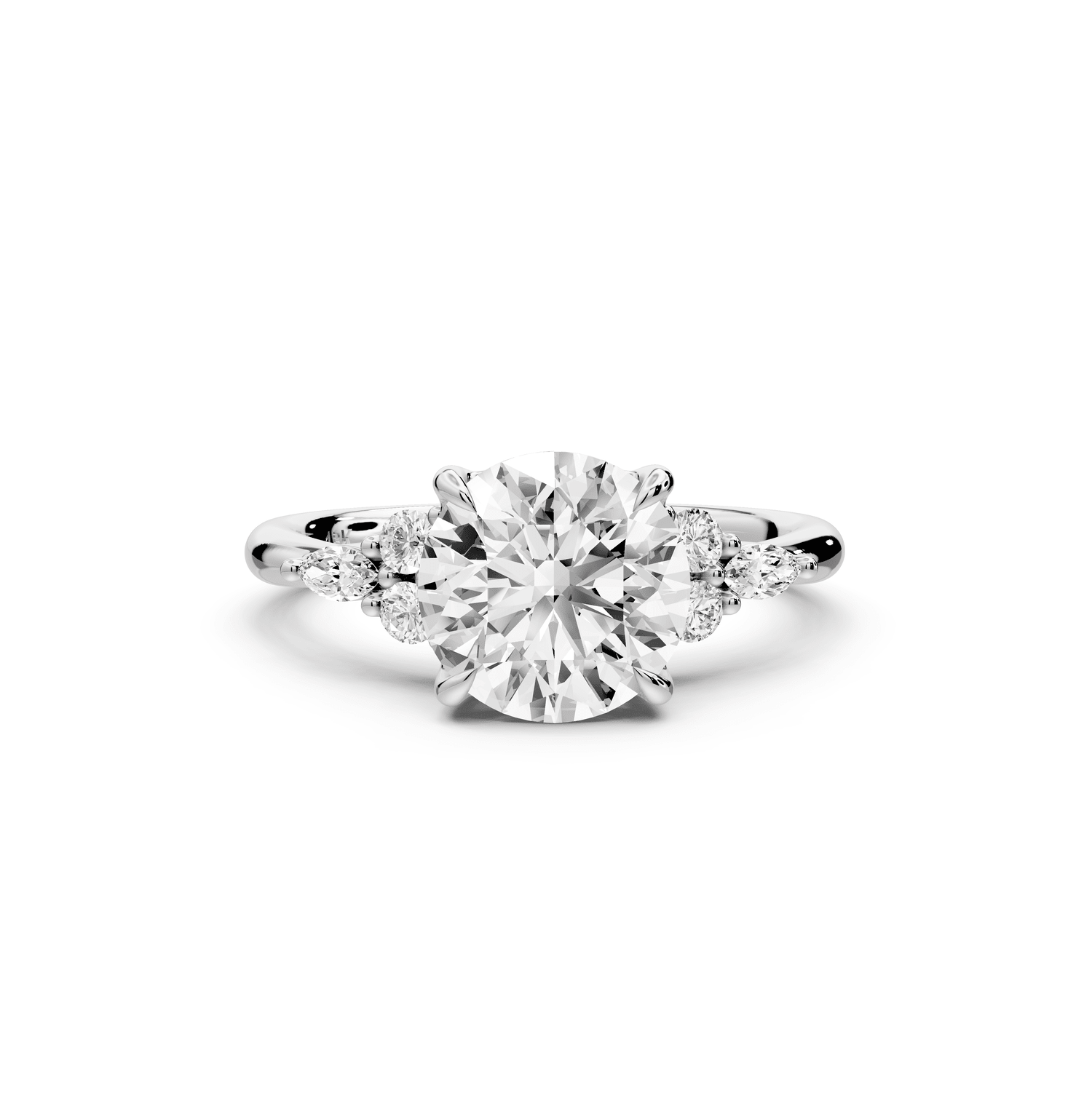 Sandi - 2ct 14k white gold Round Floral Cluster Side-Stone Engagement Ring with Plain Band - Mr. Alex Jewelry