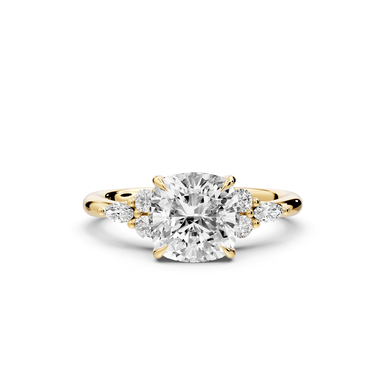 Sandi - 2ct 14k yellow gold Cushion Floral Cluster Side-Stone Engagement Ring with Plain Band - Mr. Alex Jewelry