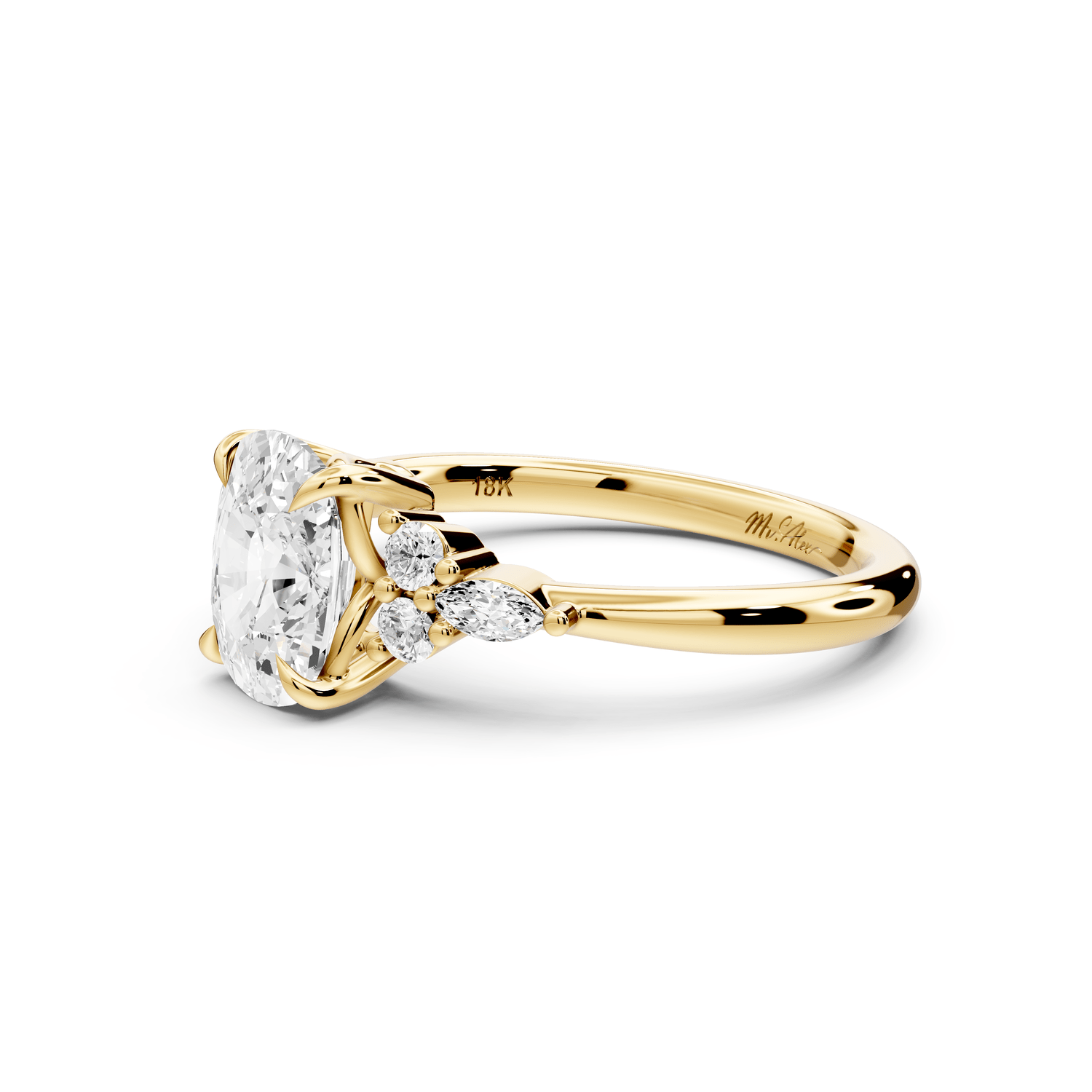 Sandi - 2ct 14k yellow gold Ecushion Floral Cluster Side-Stone Engagement Ring with Plain Band - Mr. Alex Jewelry