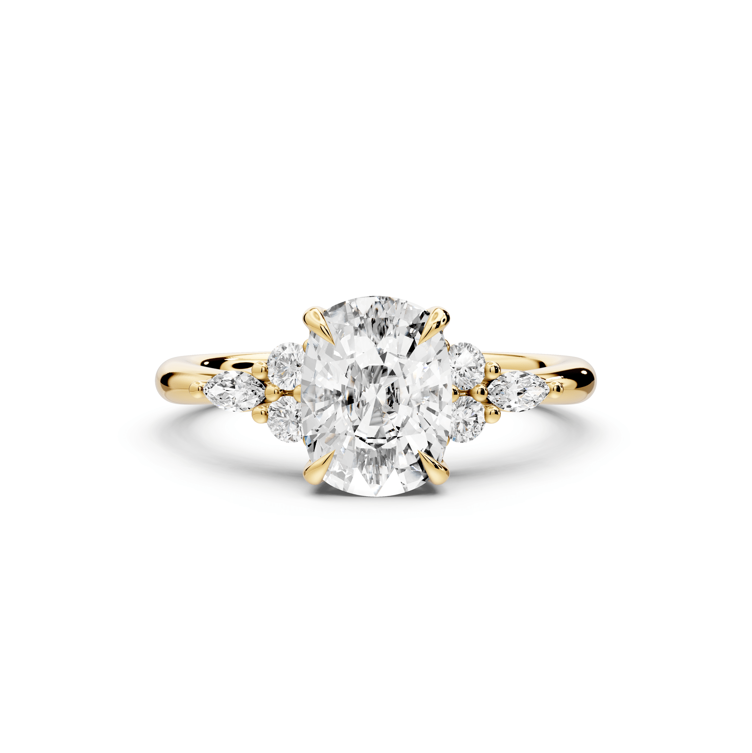 Sandi - 2ct 14k yellow gold Ecushion Floral Cluster Side-Stone Engagement Ring with Plain Band - Mr. Alex Jewelry