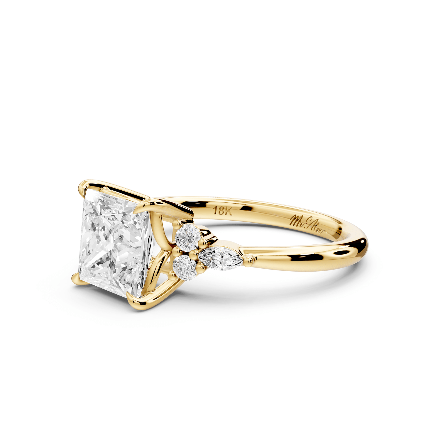 Sandi - 2ct 14k yellow gold Princess Floral Cluster Side-Stone Engagement Ring with Plain Band - Mr. Alex Jewelry