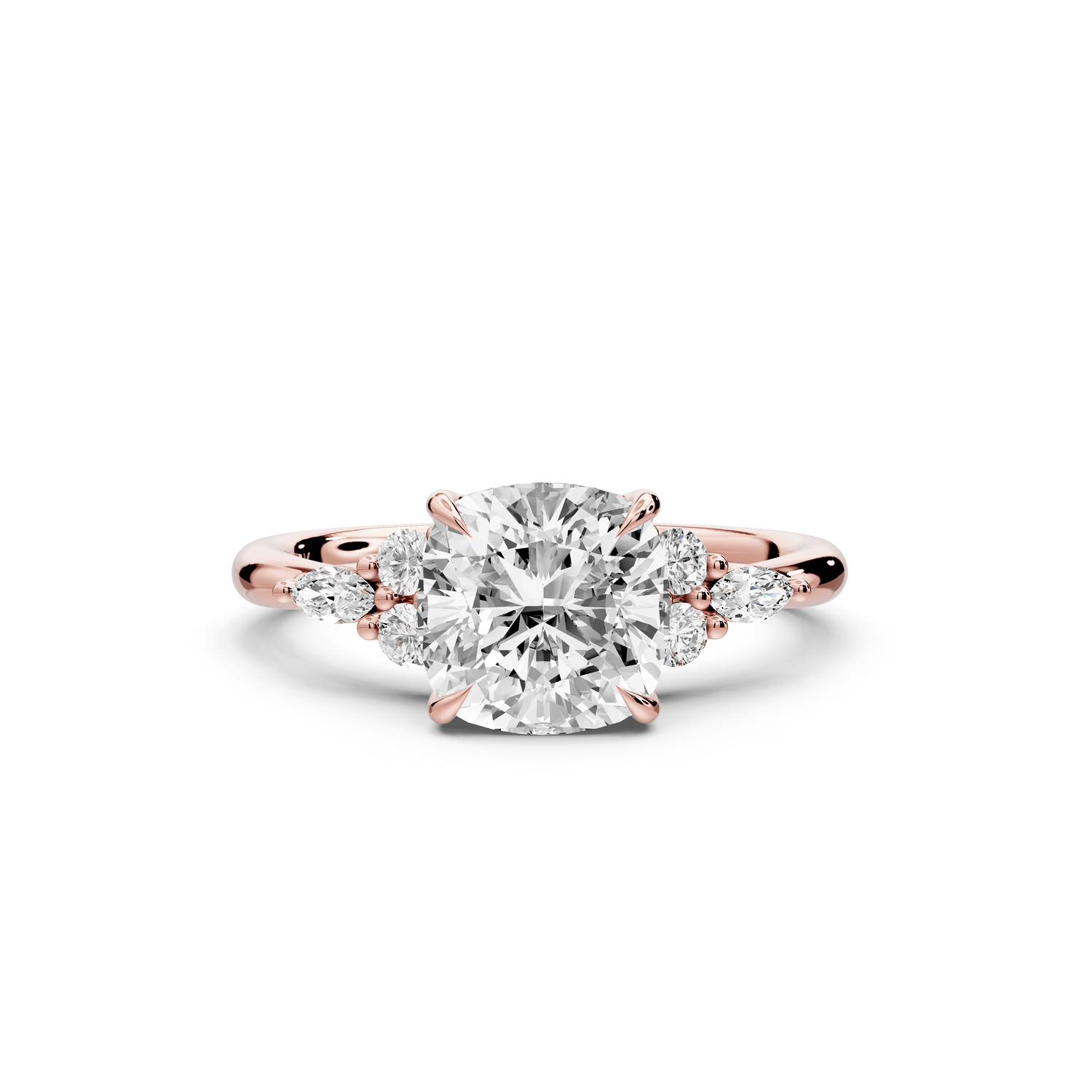 Sandi - 2ct 18k rose gold Cushion Floral Cluster Side-Stone Engagement Ring with Plain Band - Mr. Alex Jewelry
