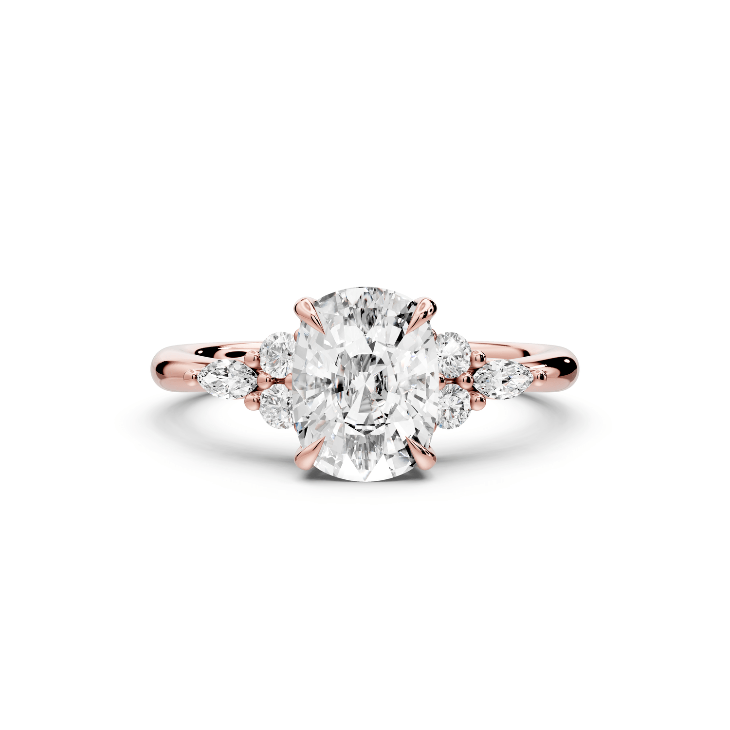 Sandi - 2ct 18k rose gold Ecushion Floral Cluster Side-Stone Engagement Ring with Plain Band - Mr. Alex Jewelry
