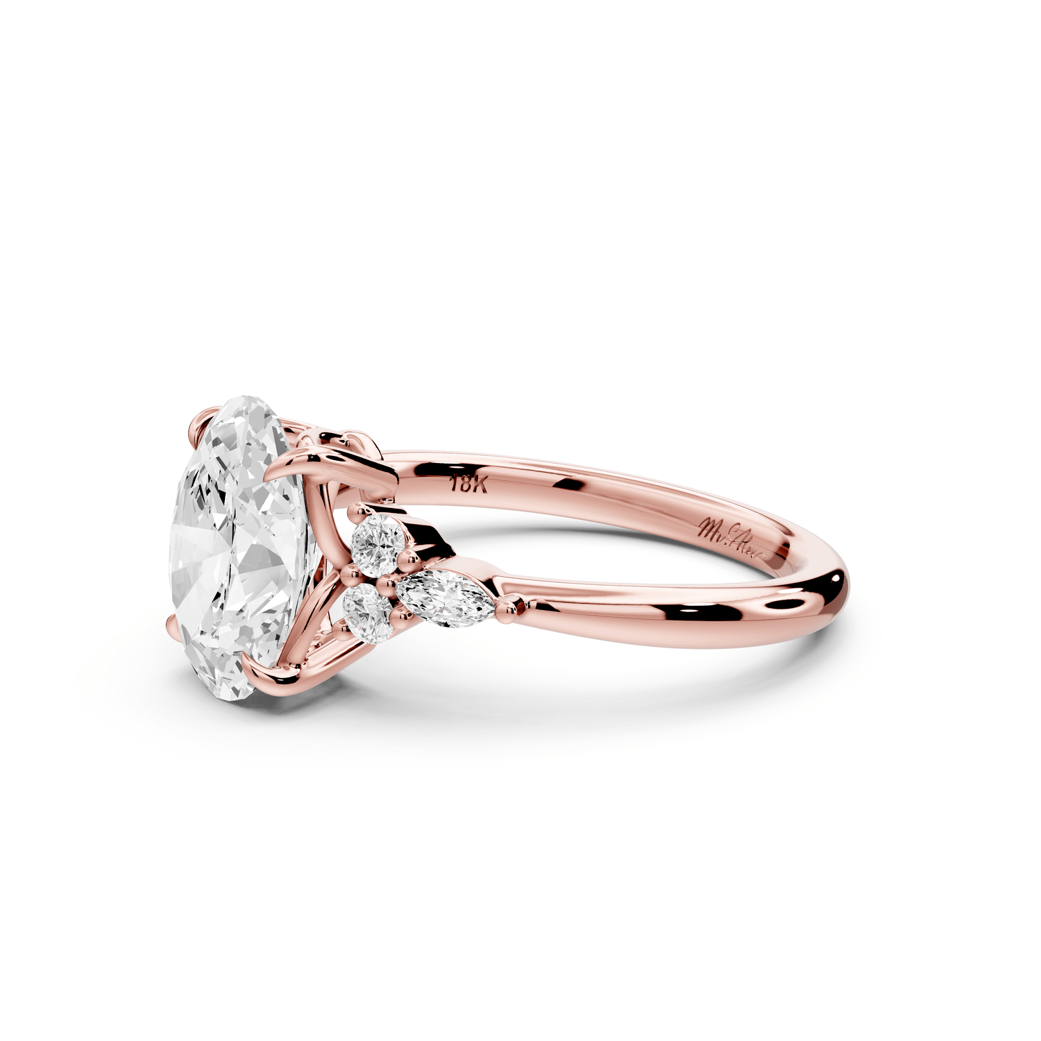 Sandi - 2ct 18k rose gold Oval Floral Cluster Side-Stone Engagement Ring with Plain Band - Mr. Alex Jewelry