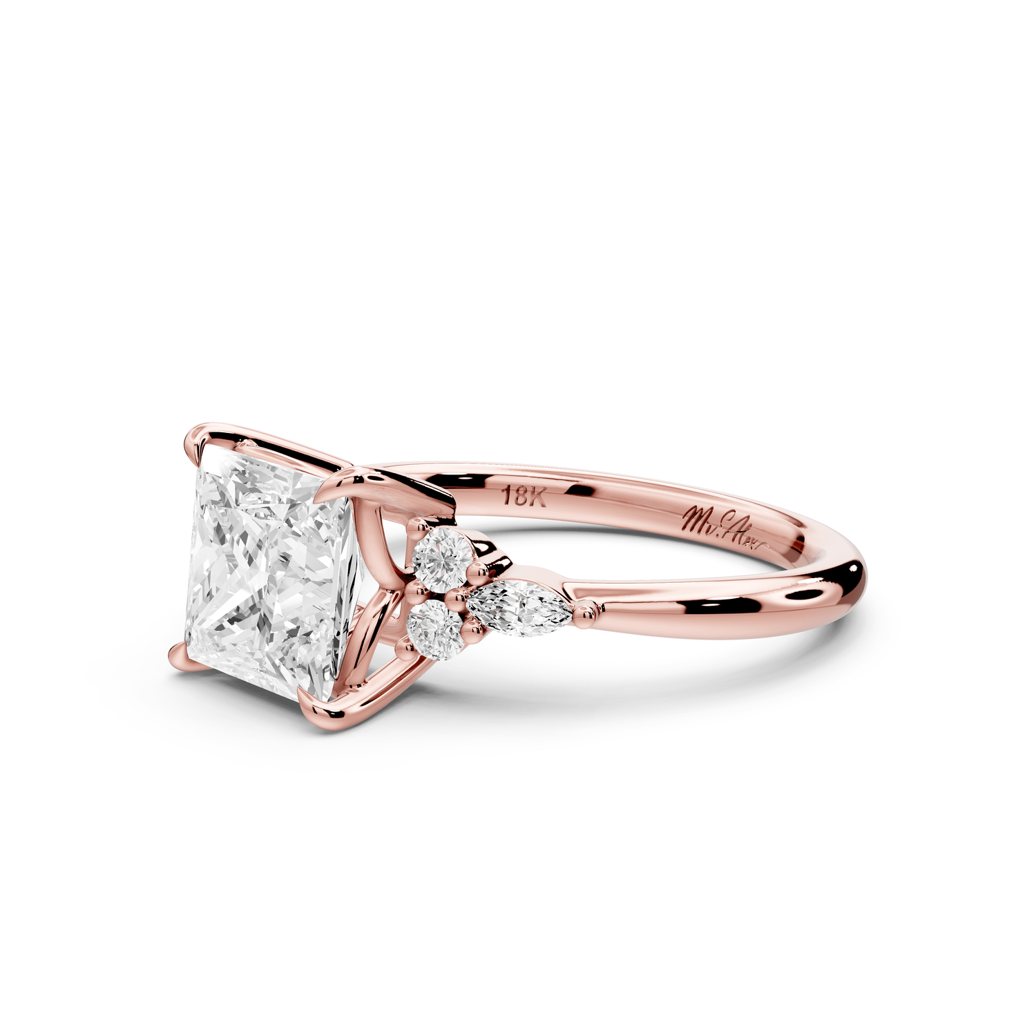 Sandi - 2ct 18k rose gold Princess Floral Cluster Side-Stone Engagement Ring with Plain Band - Mr. Alex Jewelry