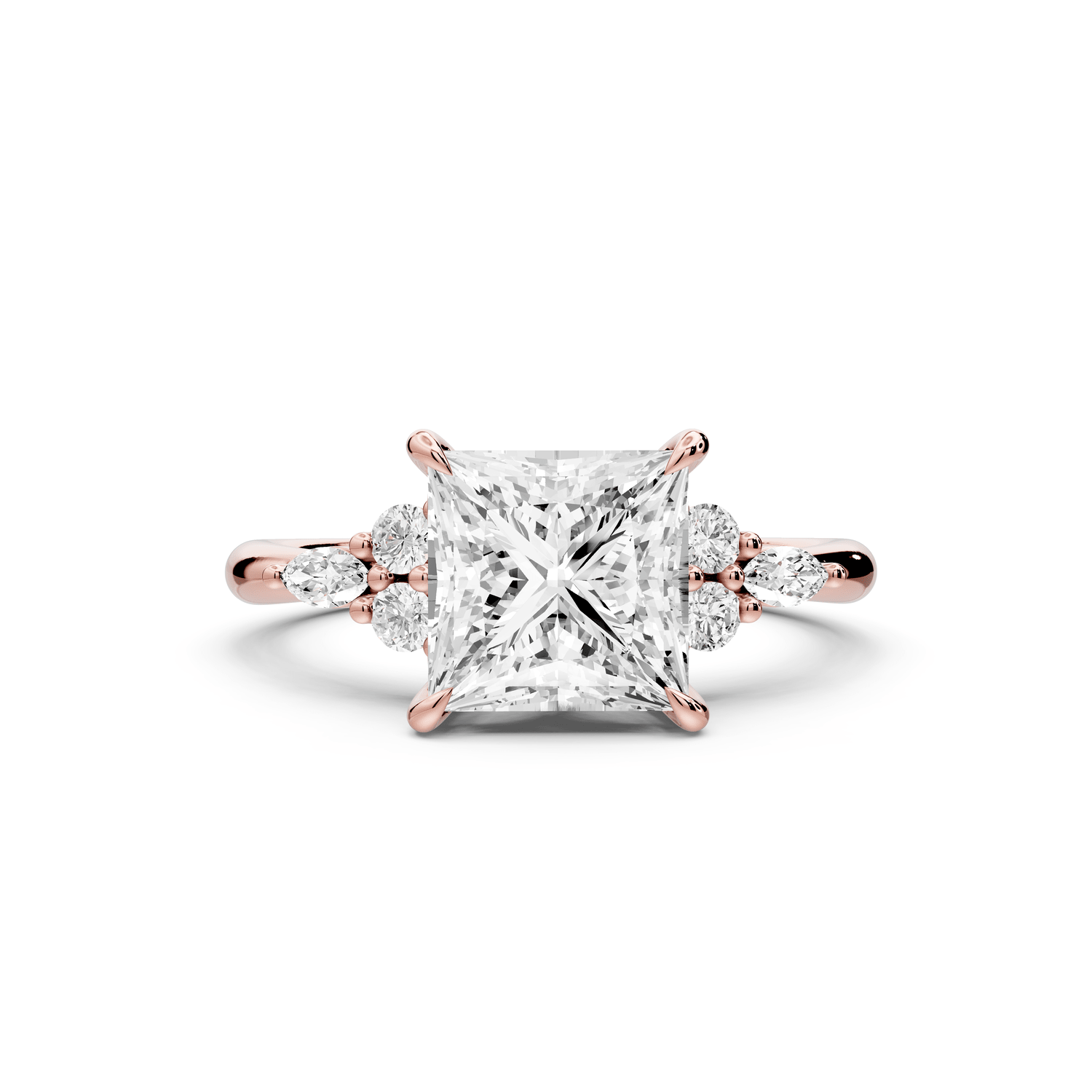 Sandi - 2ct 18k rose gold Princess Floral Cluster Side-Stone Engagement Ring with Plain Band - Mr. Alex Jewelry