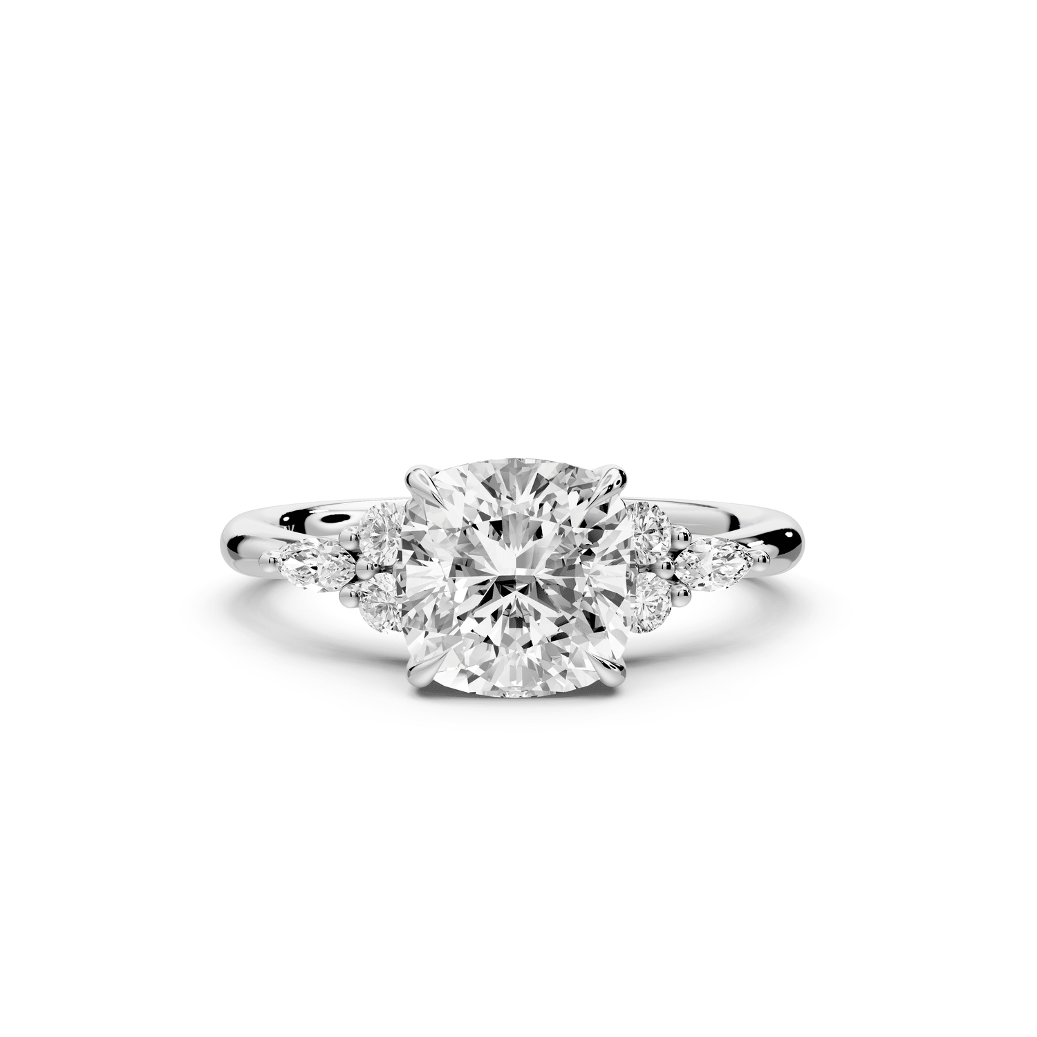 Sandi - 2ct 18k white gold Cushion Floral Cluster Side-Stone Engagement Ring with Plain Band - Mr. Alex Jewelry