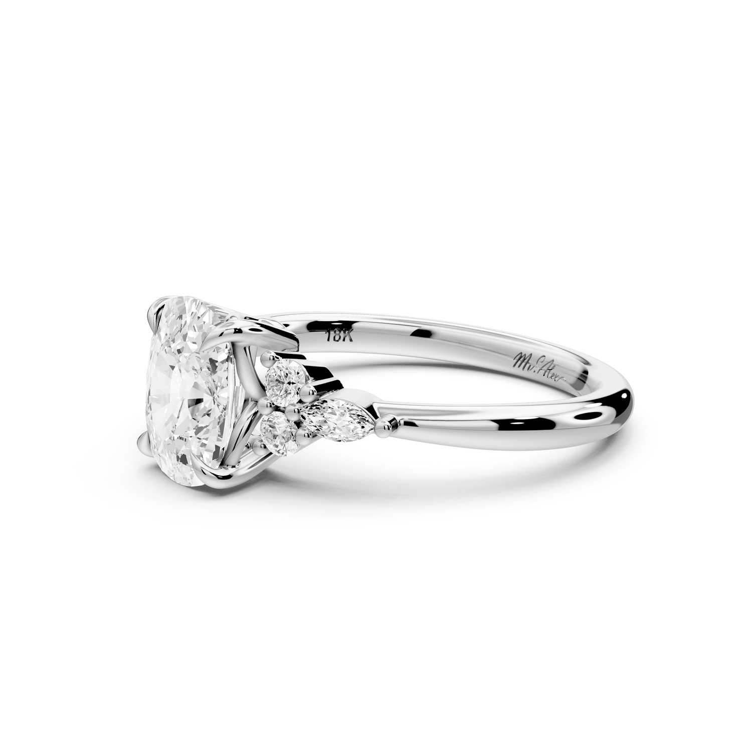 Sandi - 2ct 18k white gold Ecushion Floral Cluster Side-Stone Engagement Ring with Plain Band - Mr. Alex Jewelry