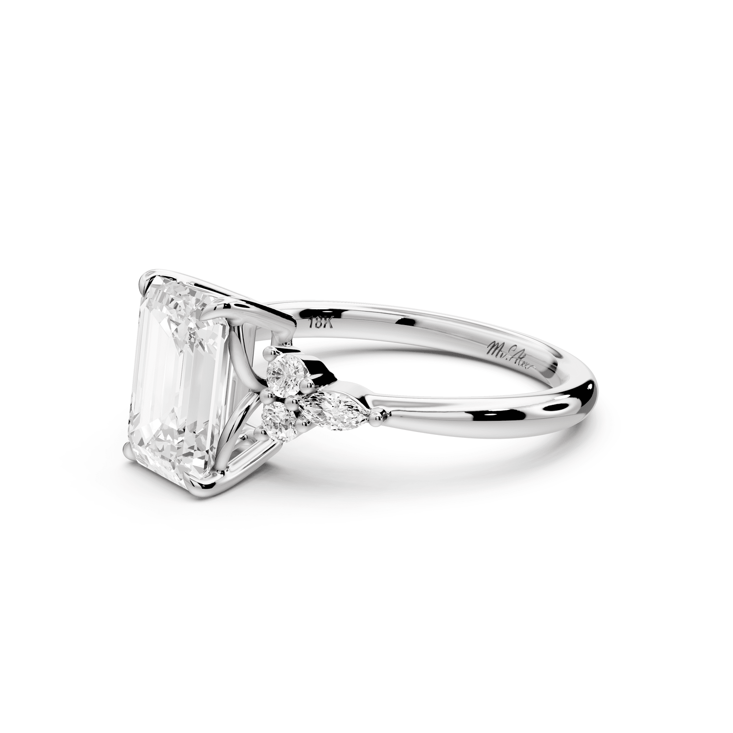 Sandi - 2ct 18k white gold Emerald Floral Cluster Side-Stone Engagement Ring with Plain Band - Mr. Alex Jewelry