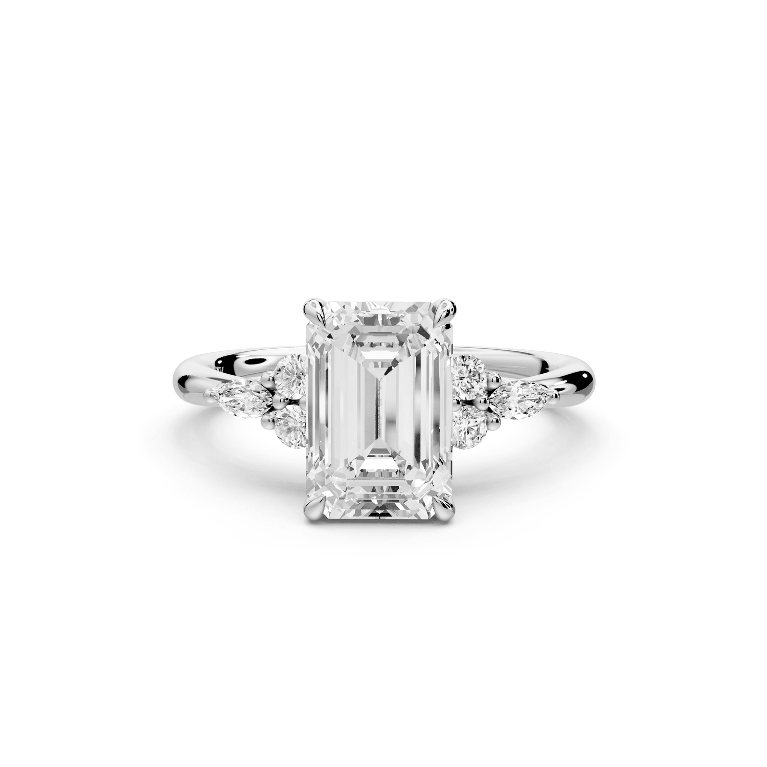 Sandi - 2ct 18k white gold Emerald Floral Cluster Side-Stone Engagement Ring with Plain Band - Mr. Alex Jewelry