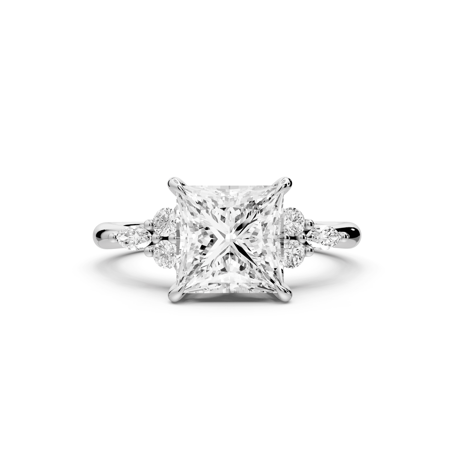 Sandi - 2ct 18k white gold Princess Floral Cluster Side-Stone Engagement Ring with Plain Band - Mr. Alex Jewelry